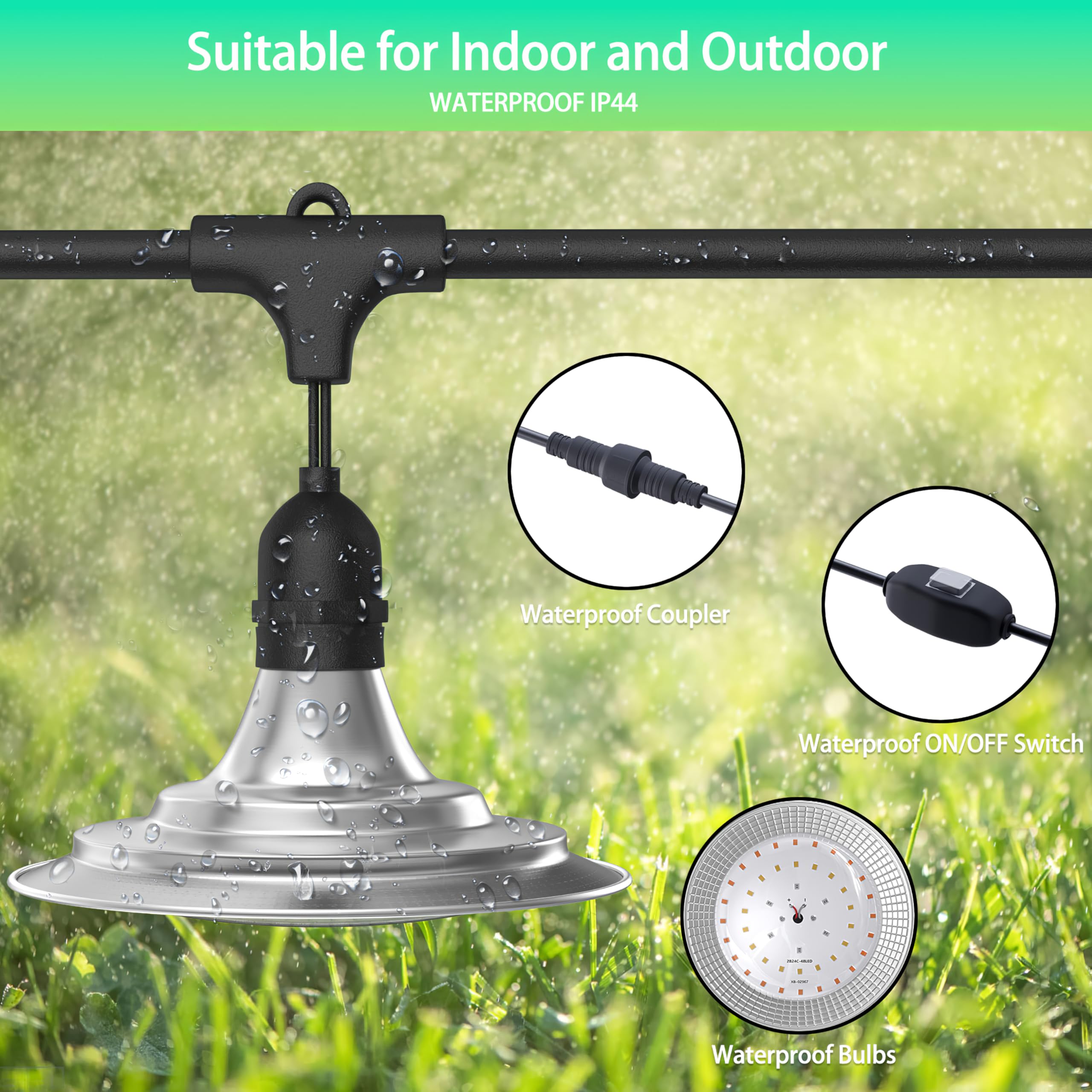Luces LED de cultivo de 6 luces para exteriores, luces de invernadero de espectro completo impermeables para plantas, cadena de luces ajustables de 21.3 pies con 288 LED E26 bombillas de