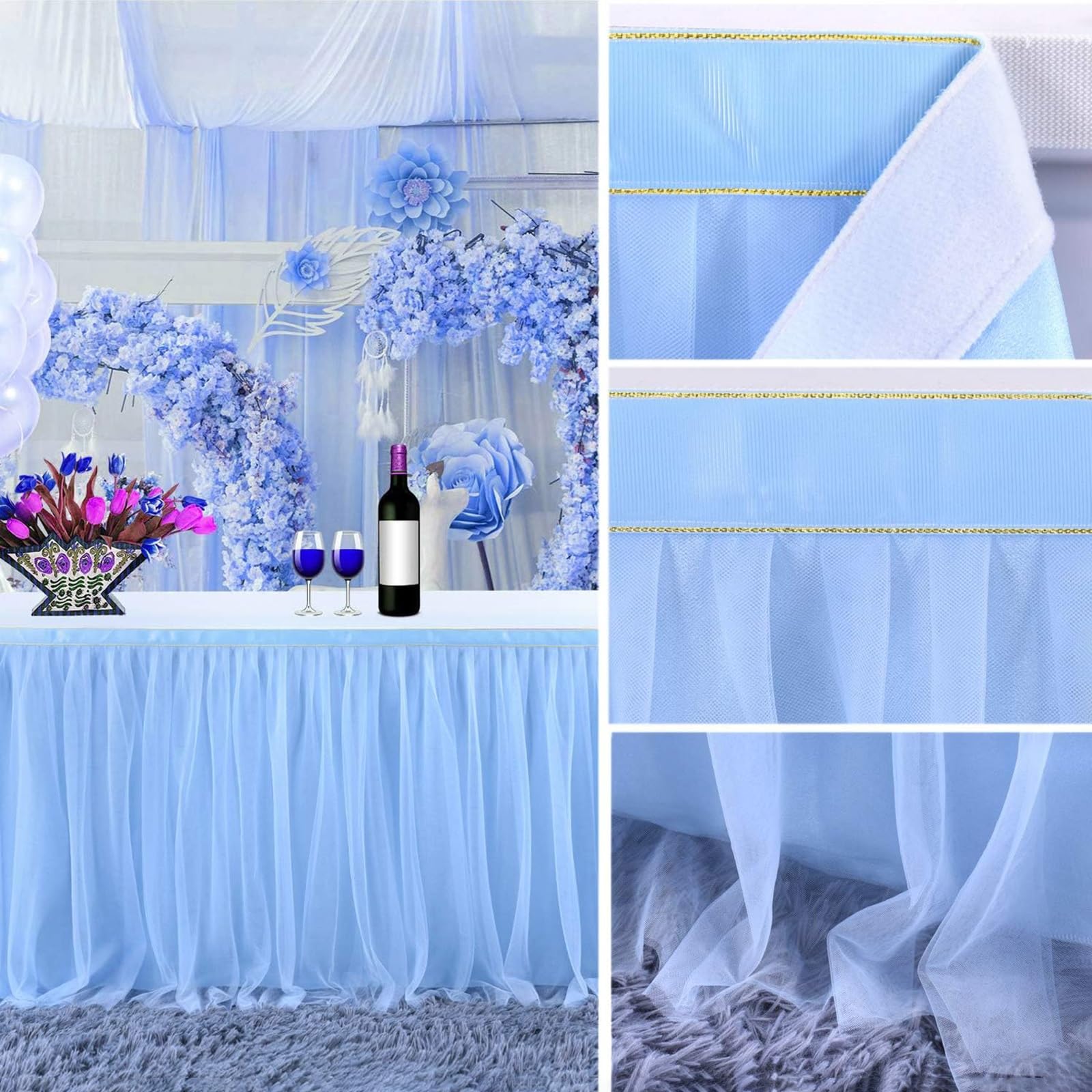 Biała tiulowa spódnica stołowa 420 x 75 cm – obrus tutu z falbanką na baby shower, urodziny, ślub, stół deserowy, artykuły Ele Par