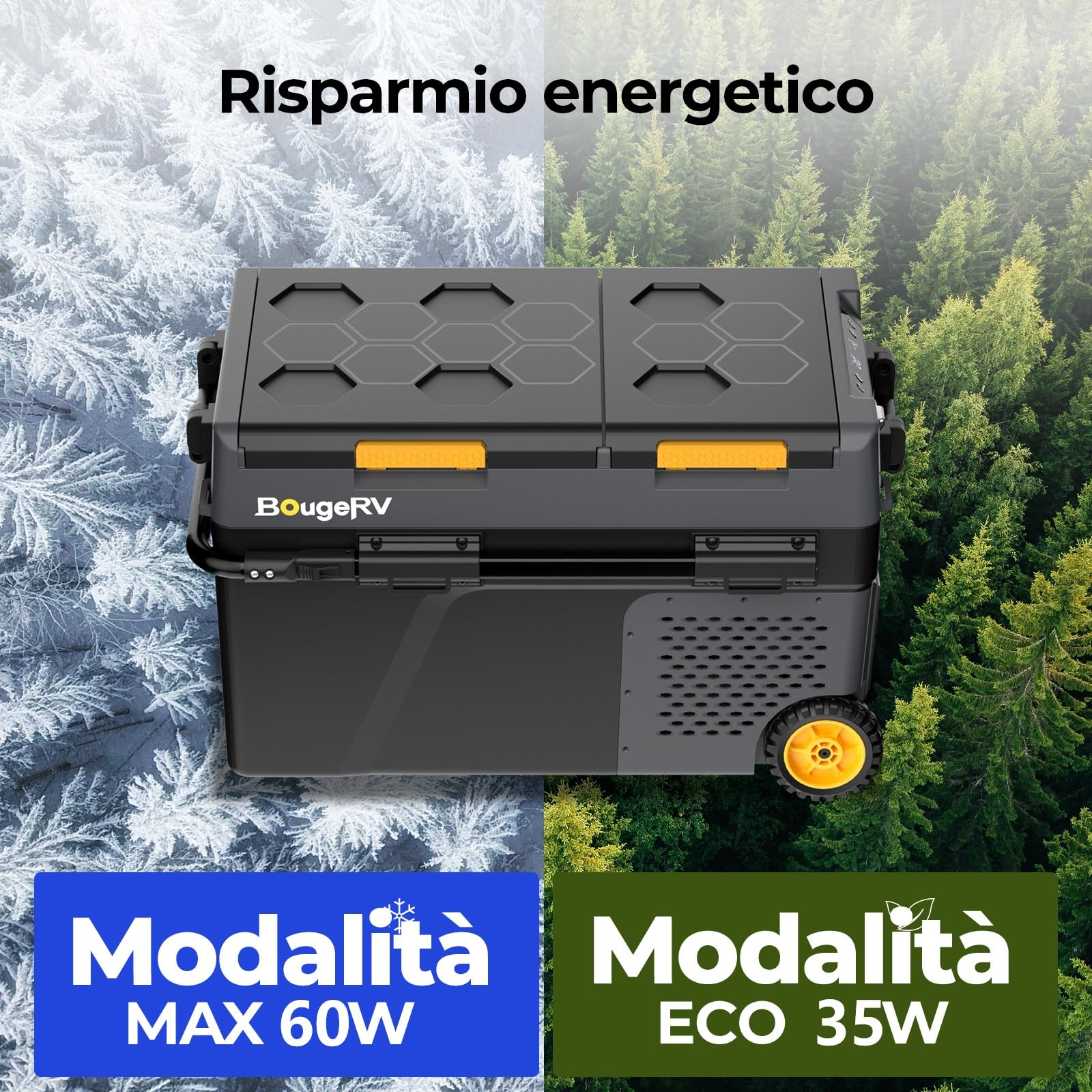 BougeRV CRD2 V2.0 40L Frigo con Batteria 240Wh, 2 Porte Doppia Zona Ruote Maniglia 12V 24V 230V Portatile Campeggio Compressore App IPX4, -20℃~20℃ (2026 Novità)
