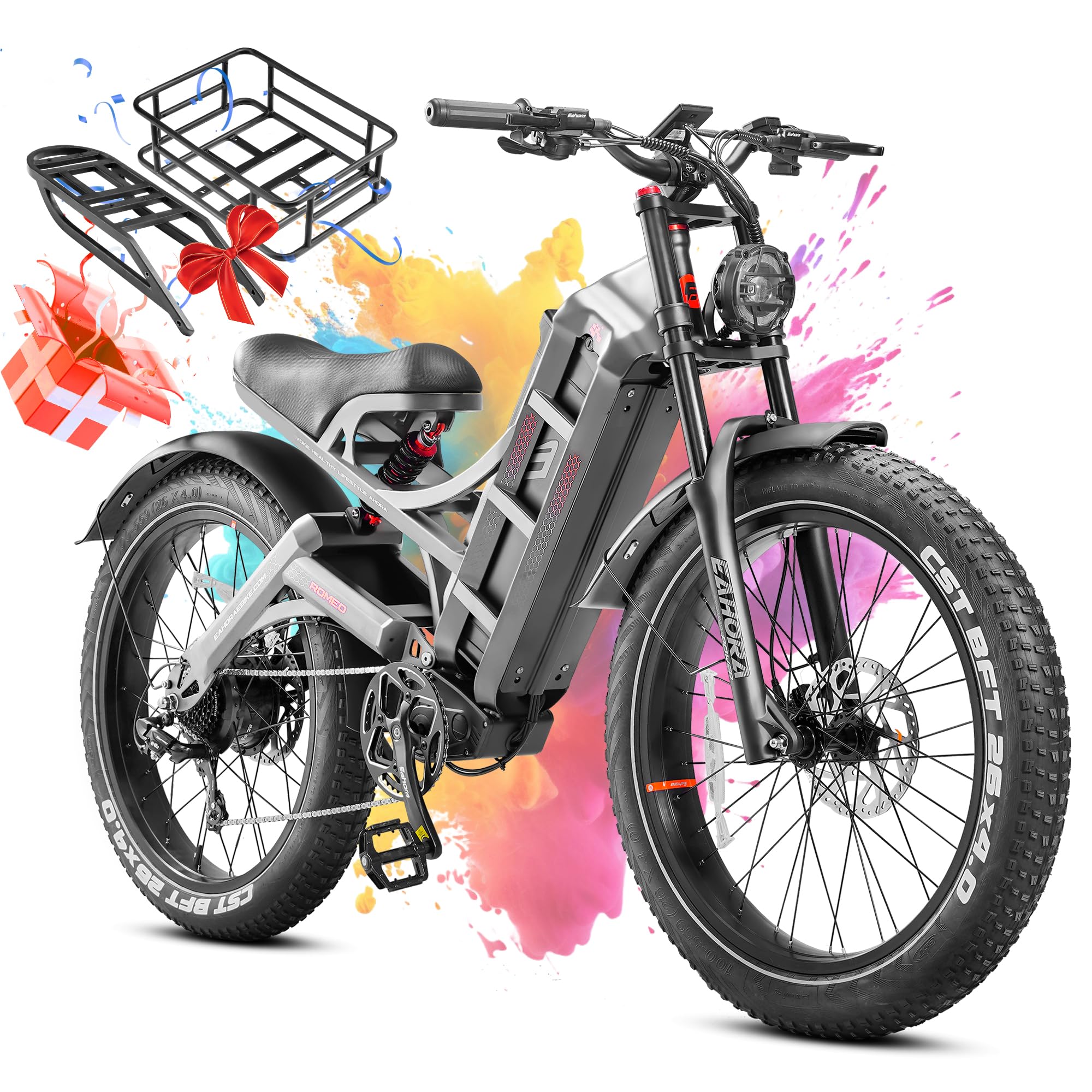 2026 eAhora Romeo Pro 3/2 52-46 Mph Electric Bike for Adults, 6000W/4000W/2500W Dual Motor Ebike 60V 80Ah/52V 70Ah Battery 235+Miles Long Range, 26*4.0"/20*4.5" Fat Tire, Full Suspension, All Terrain