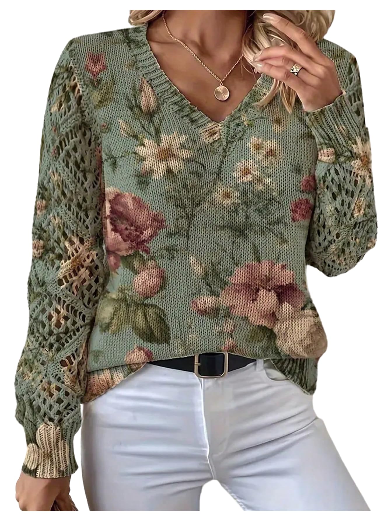 Womens Fall Floral Sweater Crochet Boho Tops Vintage Lightweight Sweater Long Sleeve V Neck Knit Jumper Tops
