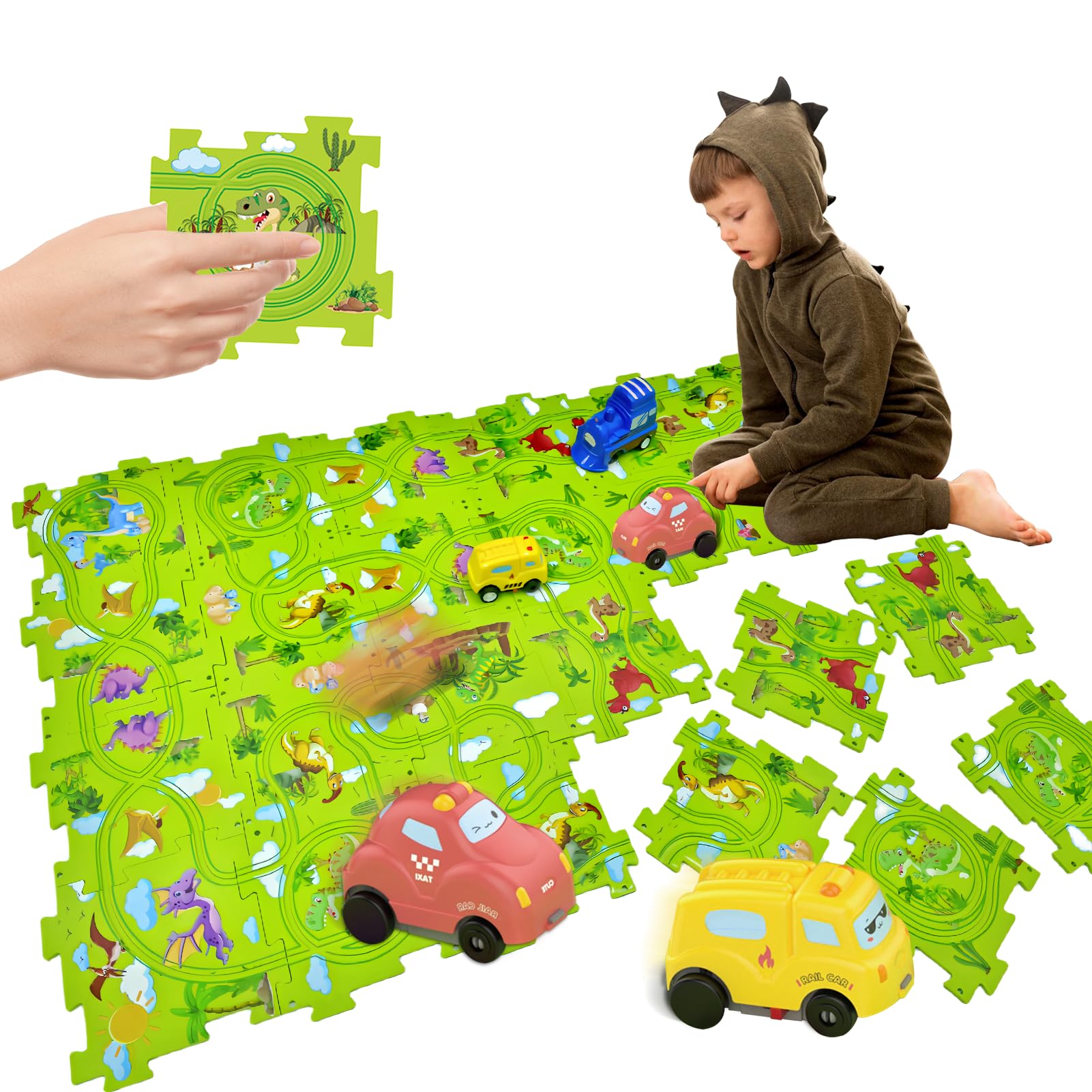 Puzzle Track Car Toys for Kids, Upgraded 24 Pieces Plastic Puzzle Rail Tracks with 2 Cute Vehicles, Toddler Boy Toys for 3 4 5 6 Years Old, Preschool Educational Puzzle for Kids 3-5