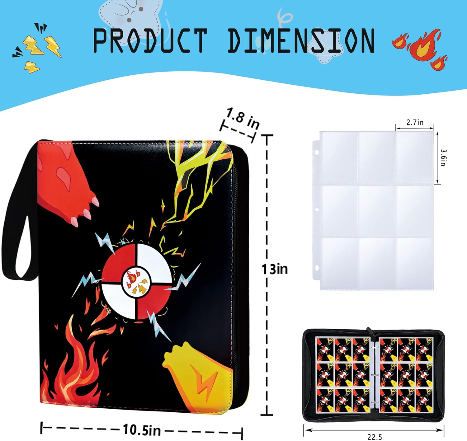 Card Binder 9 Pocket,Trading Card Binder 900 Pockets,Card Collection Albums Holder,50 Removable Sleeves,Double Sided Pocket,with Zip and Portable Strap,for TCG Game Sport Collectible Cards