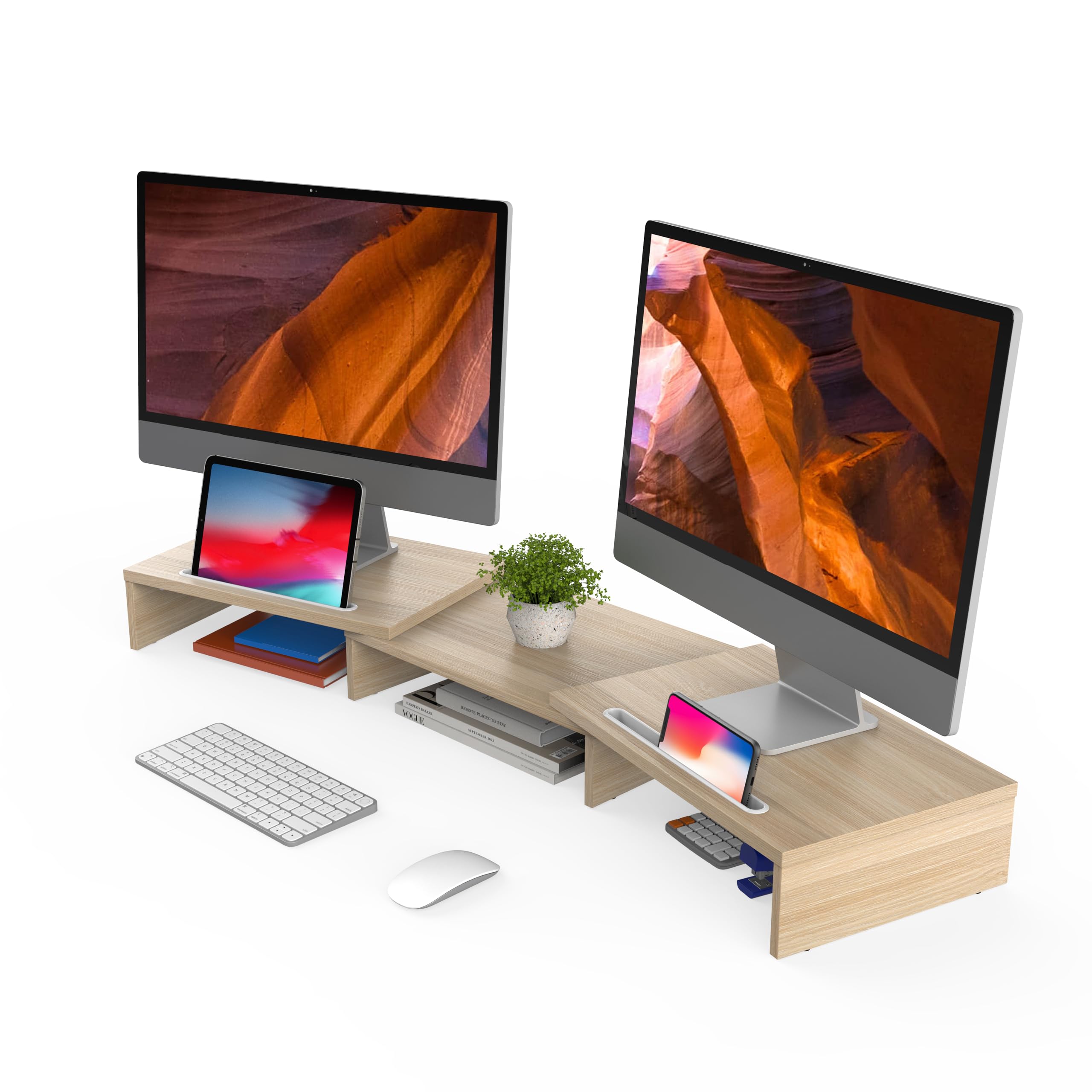 FITUEYES Wooden Monitor Riser Stand with 2 Phone Stand, Adjustable Length and Angles for 2 Monitors 79-111.5 x 27 x 10.5 cm (Yellow) DT111106WO