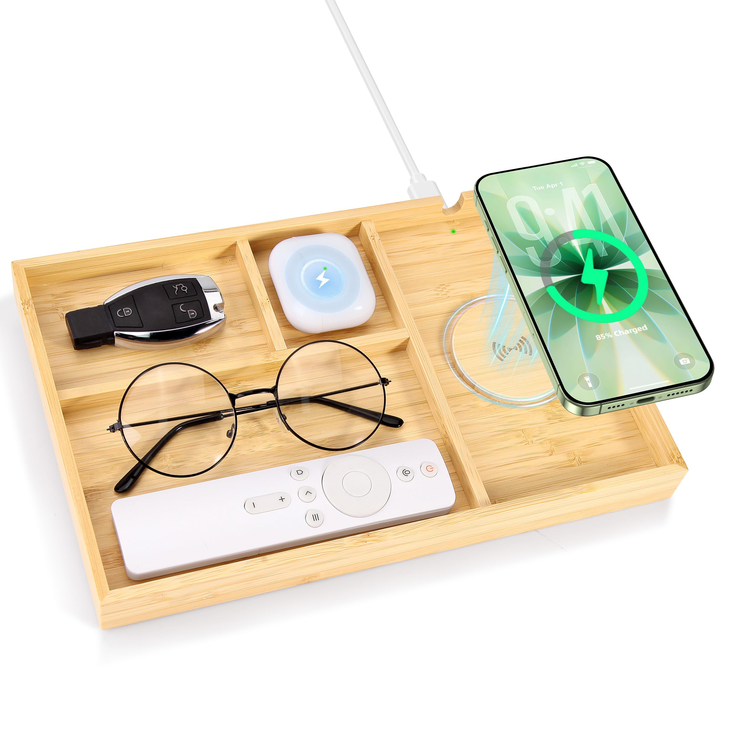 Bambus-Tablett und Nachttisch-Organizer mit 2-in-1 kabellosem Ladegerät für iPhone, Samsung und AirPods, Schreibtischzubehör für Männer/Frauen