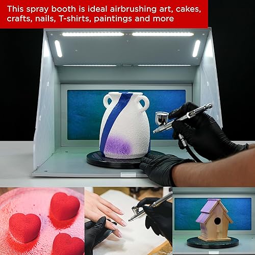 Miniatura 7 de Master Airbrush Kit de cabina de aerosol portátil con ventiladores de escape duales, 4 luces LED, plato giratorio y manguera de extensión, cabina de