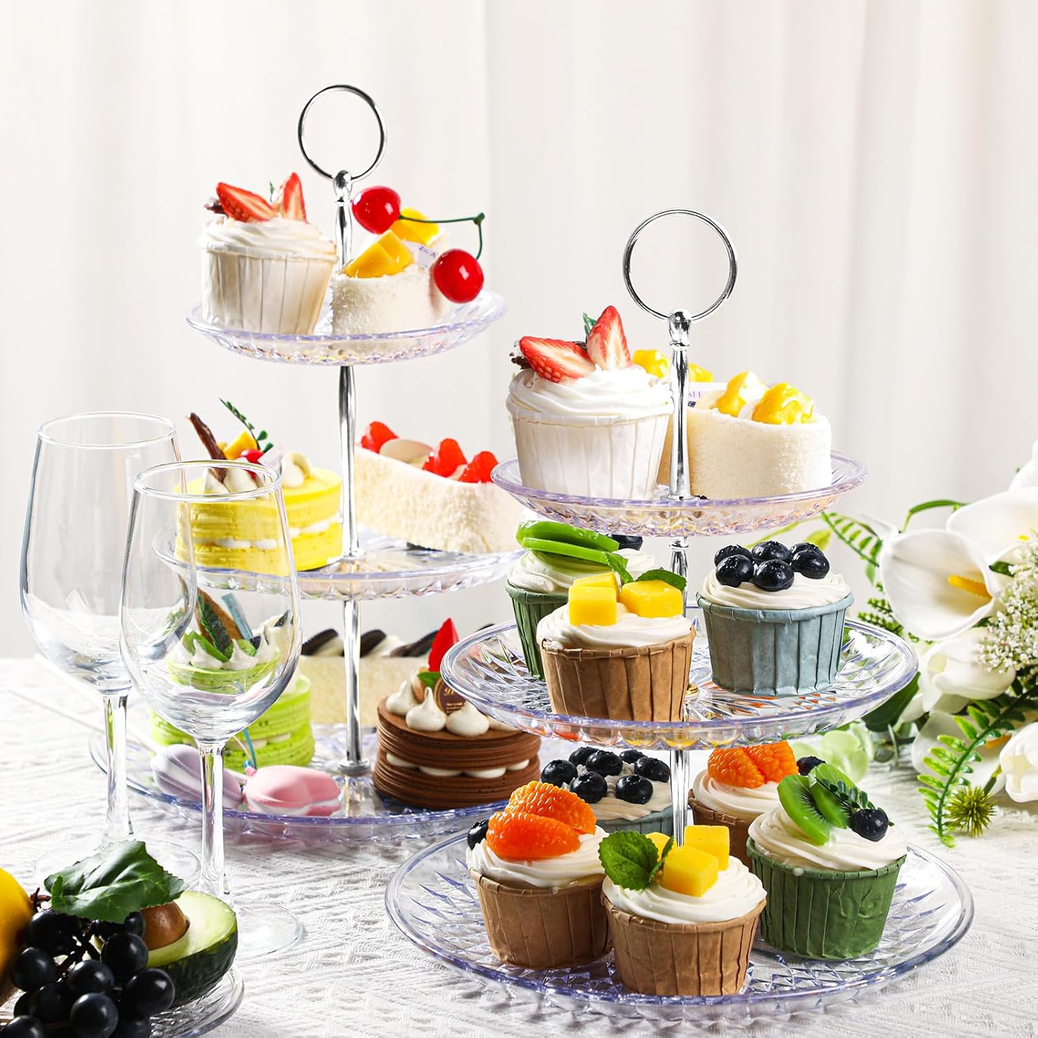 Patelai 8 Packs 3 Tier Crystal Acrylic Clear Cake Stand with Gold Round Holder Acrylic Cupcake Stand Holder for Home Wedding Holiday Birthday Baby Shower Tea Party (Clear, Silver)