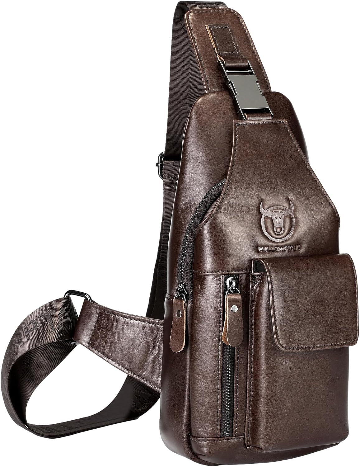 BULLCAPTAIN Genuine Leather Chest Bag for Men Vintage Crossbody Sling Shoulder Daypack with Adjustable Strap for Daily Travel (Black)