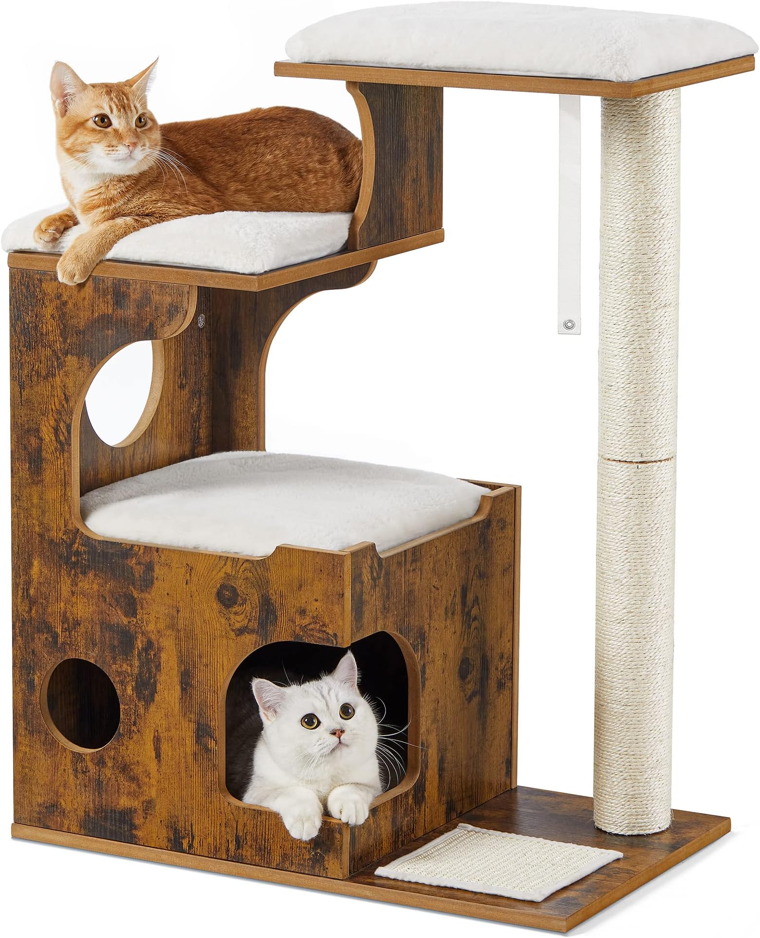 Feandrea 86 cm Cat Tree, Medium Cat Tower with 3 Beds and Cave, Cat Condo Made of MDF with Wood Veneer, Sisal Post and Washable Faux Fur, Vintage, Gray and White PCT70HW
