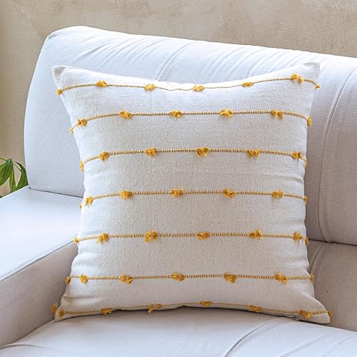Juego de 1 funda de cojín bohemia de 24 x 24 pulgadas, funda de cojín cuadrada de lino moderna y rústica para sofá, cama (24 x 24 pulgadas, amarillo)