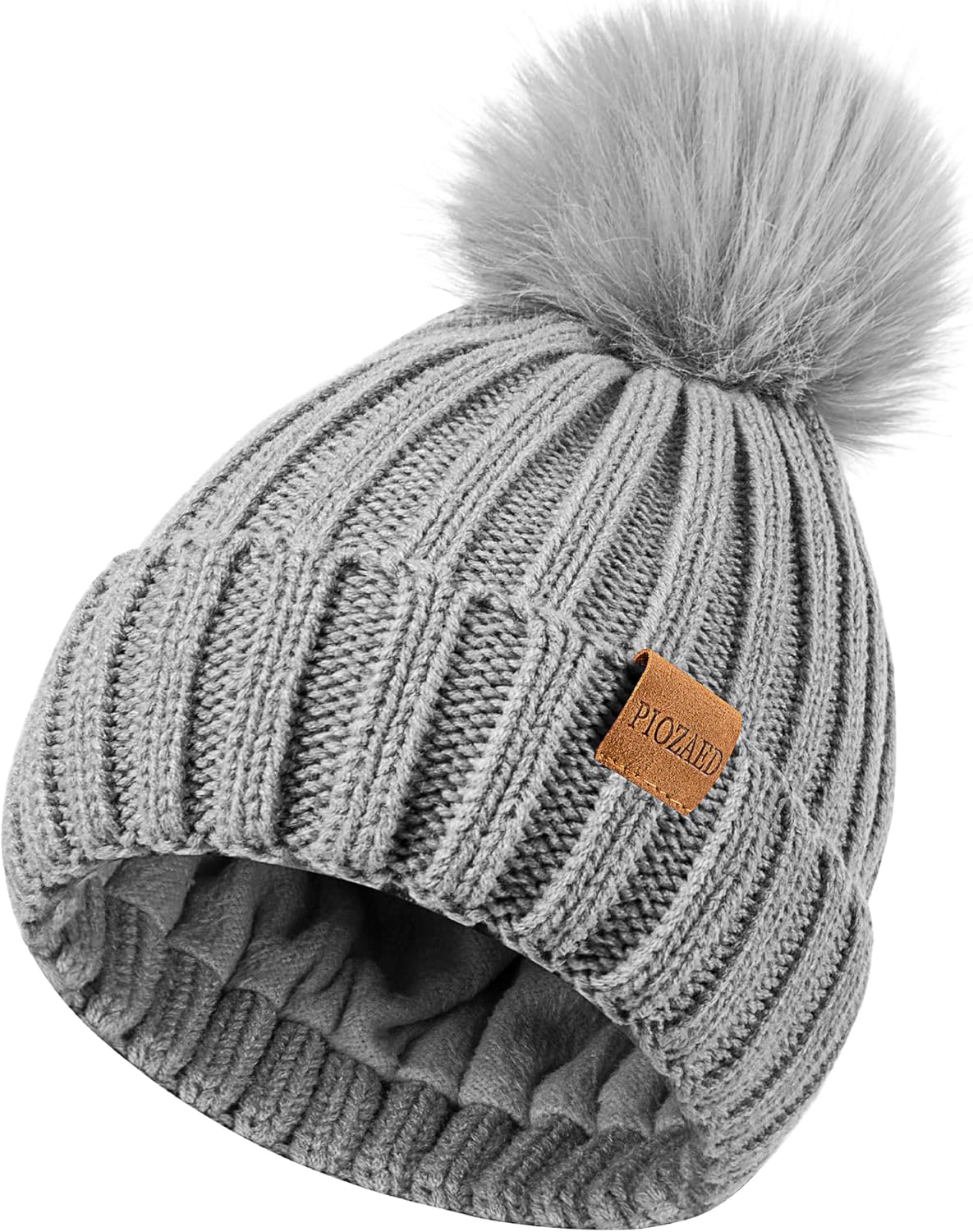 Womens Winter Beanie Hat Fleece Lined Warm Skull Cap with Faux Fur Pom Cuff Knitted Hat for Women - Image 2