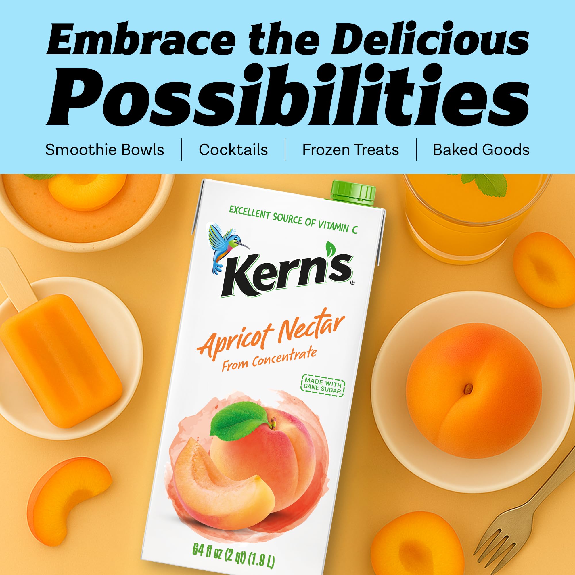 Kern’s Apricot Nectar Juice - Made with Fresh Fruit Puree & Apricot Juice Concentrate for Smoothie Mix, Cocktail Mixers, Kids Drink & Beverages - 64oz, 8 Pack Carton