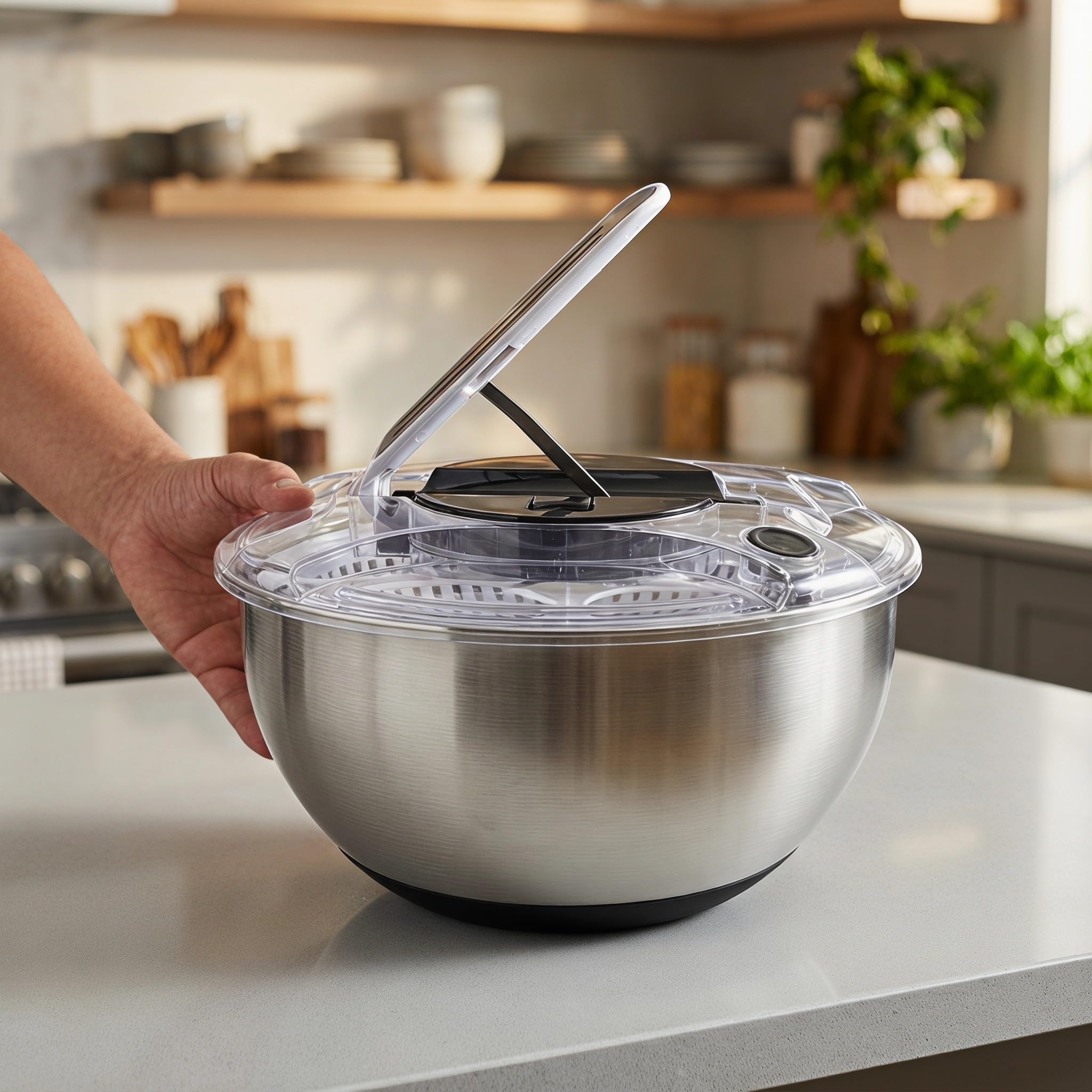Gatuida Juego de centrifugadora de Ensalada de Acero Inoxidable, Limpiador | Secador de frutas y verduras, bol para servir y cesta coladora para ensaladas y productos frescos, crujientes y limpios,