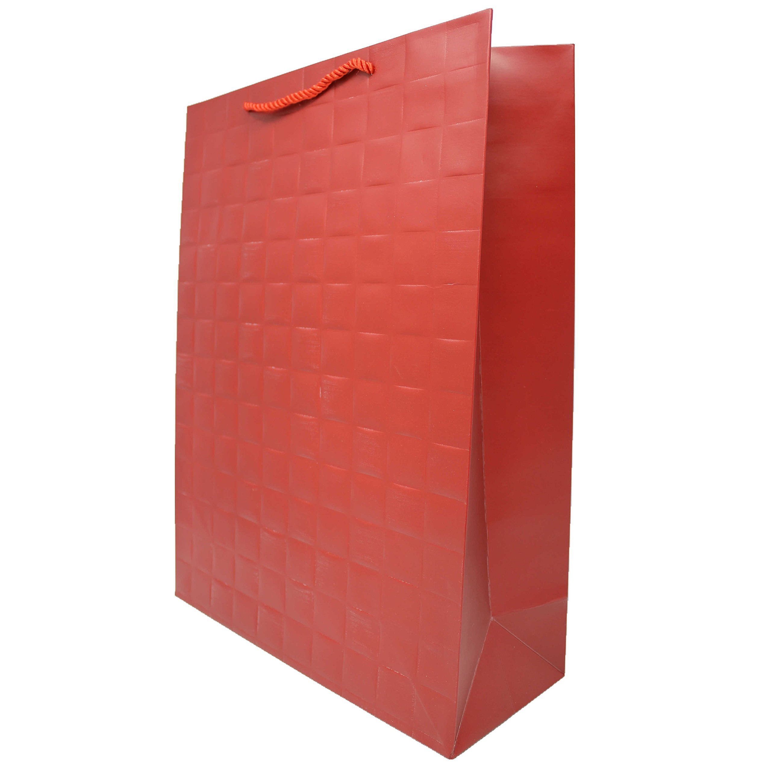 Singular Metallizing Paper Singular Metallizing Square Embossed Vertical Paper Bag, Shopping Bag, Retail Bag with Rope Handle, Large, 11.8" L x 15.7" W x 4.7" H, Red, Set of 12