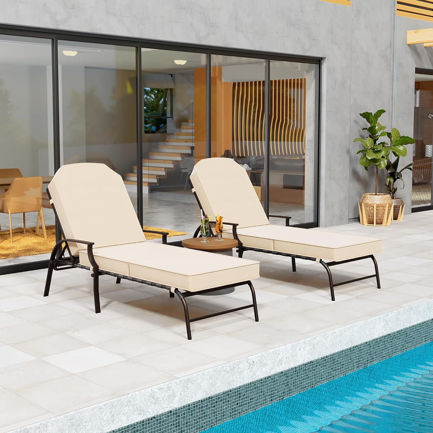 Beige Steel Outdoor Chaise Lounge with Cushions