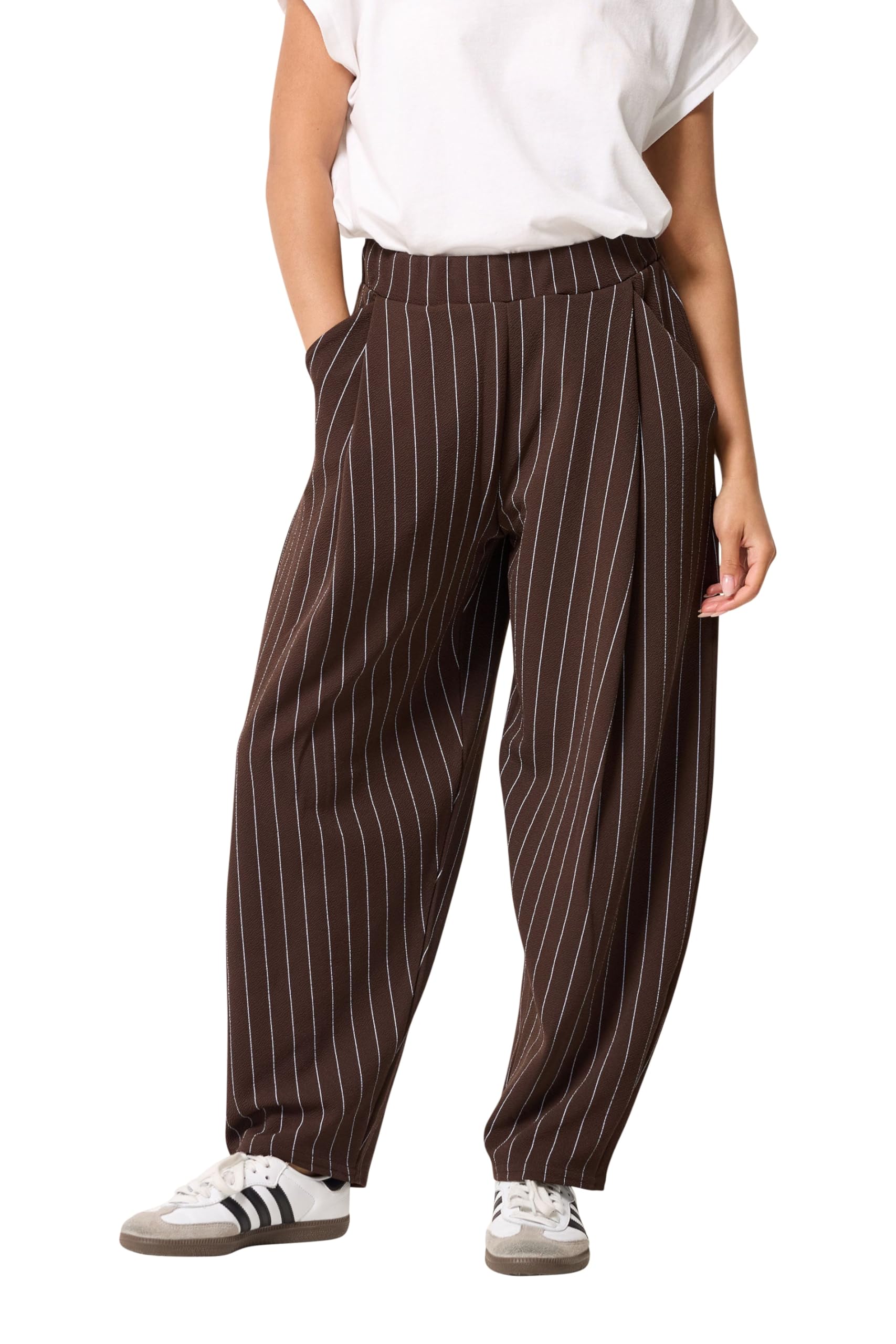 Pixiegirl Women's Brown Petite Chocolate Pinstripe Barrel Leg Trousers Size Petite > 12
