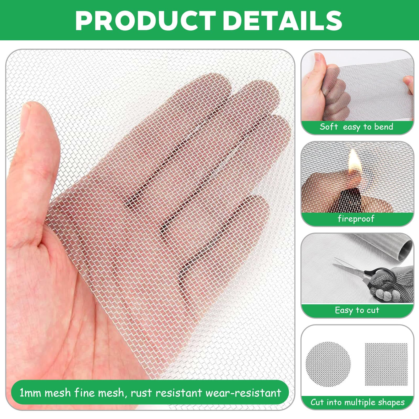 Eulihent Malla Metálica Fina 40 x 200 cm, Tela Metálica de Acero Inoxidable 304, Malla de Alambre 20 Mesh, Resistente y Duradera, Ventilación y Filtración para Hogar y Exterior — view 3