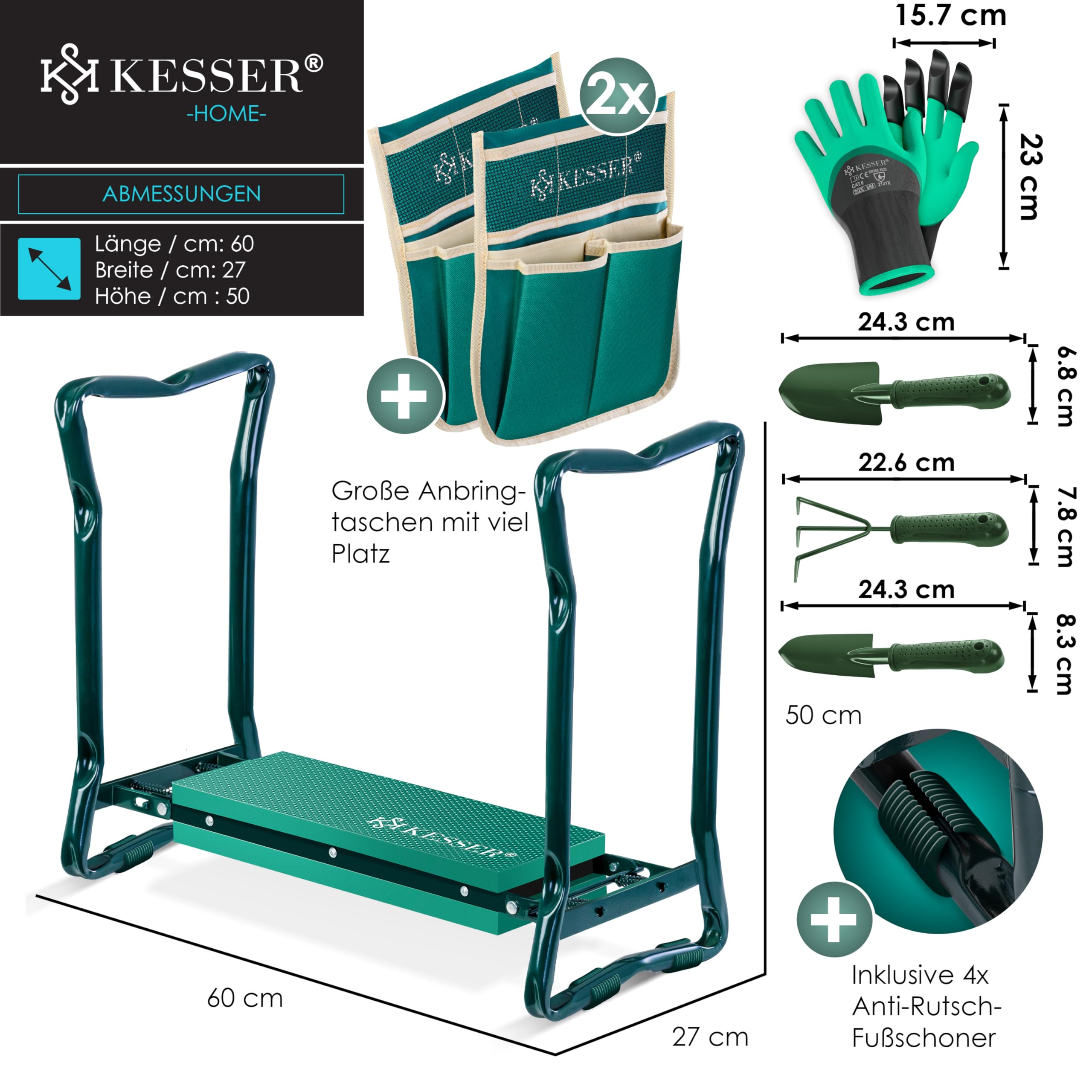 KESSER® Inginocchiatore 2 in 1 XXL per il giardinaggio Cuscino imbottito Cuscino in schiuma eva Sgabello da giardino Pieghevole Incl. 2 borse per attrezzi Panca da giardino Regolabile in altezza