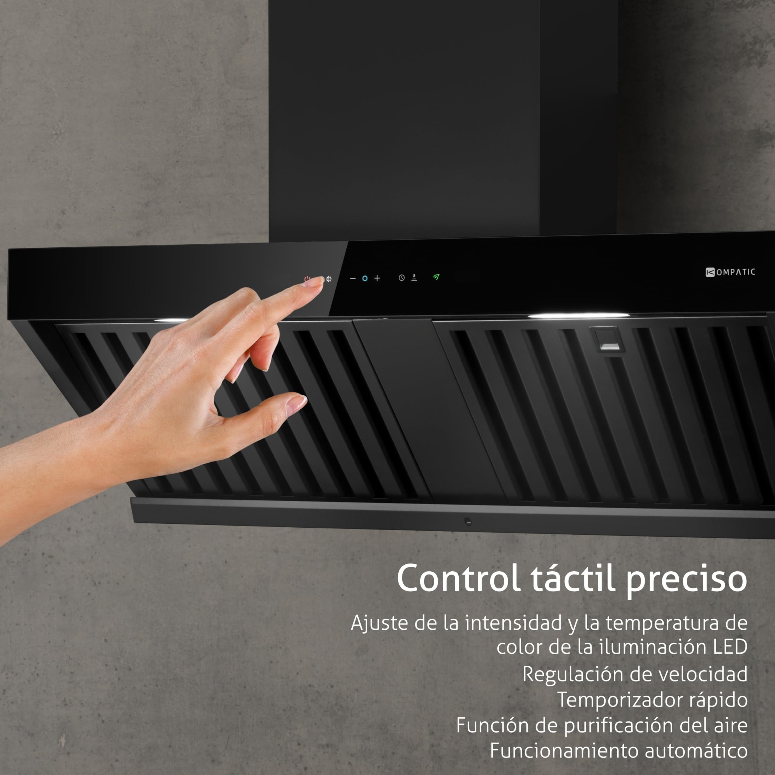 Campana extractora mural Kompatic Kori 90 KPKR90WB, 90 cm, 800 m³/h, clase A+++, control táctil y gestual, mando a distancia, Boost/Super Boost, negro mate.