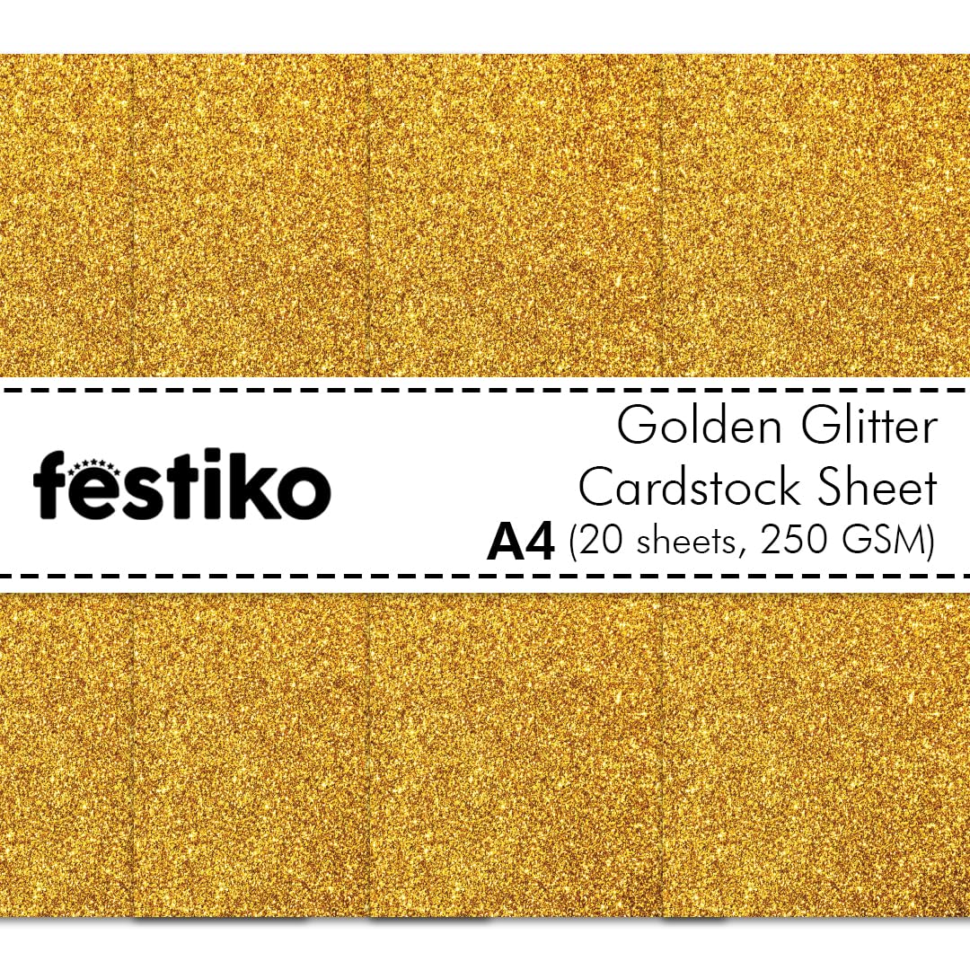 Festiko® Gold Glitter Cardstock Sheets (Pack of 20, A4, 250 Gsm), Premium Glitter Paper for Crafts, A4 Glitter Card Stock for DIY Projects