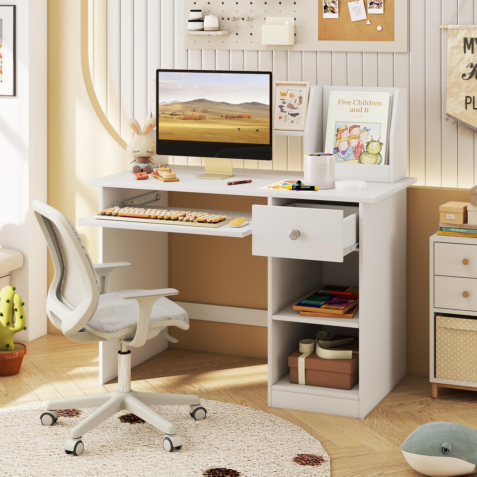 LIFEZEAL Scrivania per Bambini 3+Anni con Cassetto, Libreria, Scomparti, 90x45cm, Scrivania Cameretta Porta PC, Computer, Banco Scuola, Tavolo da Studio, Gioco, Multiattività, in Legno (bianco)