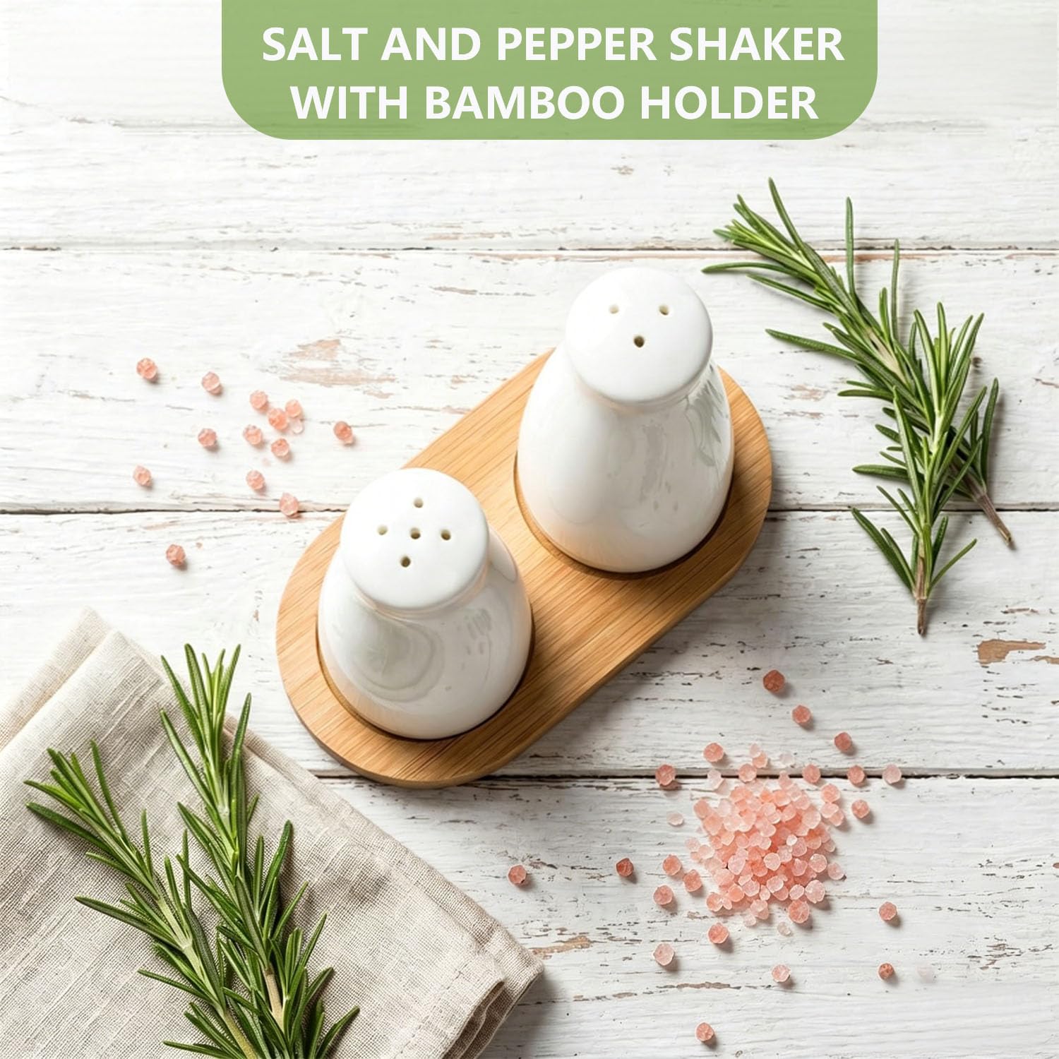 Set di saliera e pepe in ceramica con vassoio in bambù, 2 pezzi moderno bianco sale e pepe, graziosi vasi saliera per cucina di campagna, decorazione da tavolo