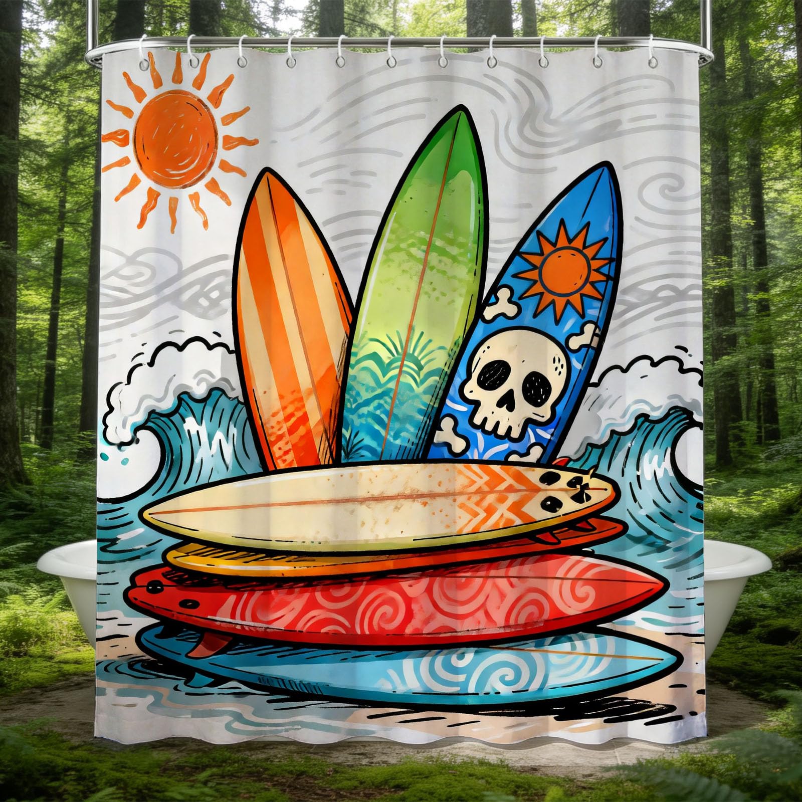 Hongduo 3D Surfboard Shower Curtain for Stalls Bathtubs Beach Themed Bathroom Decor Shower Curtain Set Polyester Fabric Waterproof 180x200cm/71X79 Inch with Hooks