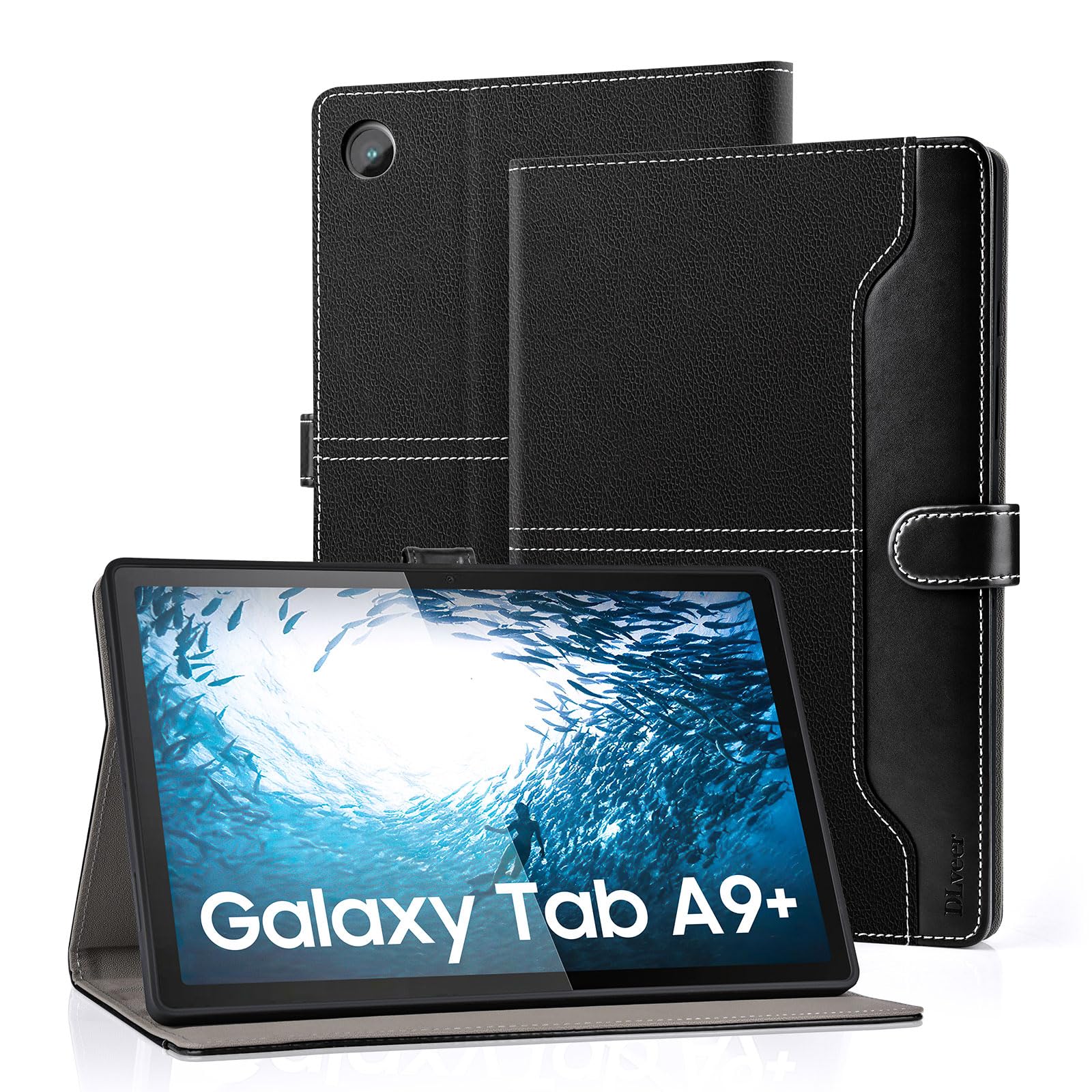 DLveer Hülle für Samsung Galaxy Tab A9+ Plus (11'', 2023) - PU Leder+Soft TPU Hülle für Galaxy Tab A9+ 11 Zoll (SM-X210, SM-X215, SM-X216B) mit Multi-Winkel Ständer, Auto Schlaf/Wach, Schwarz