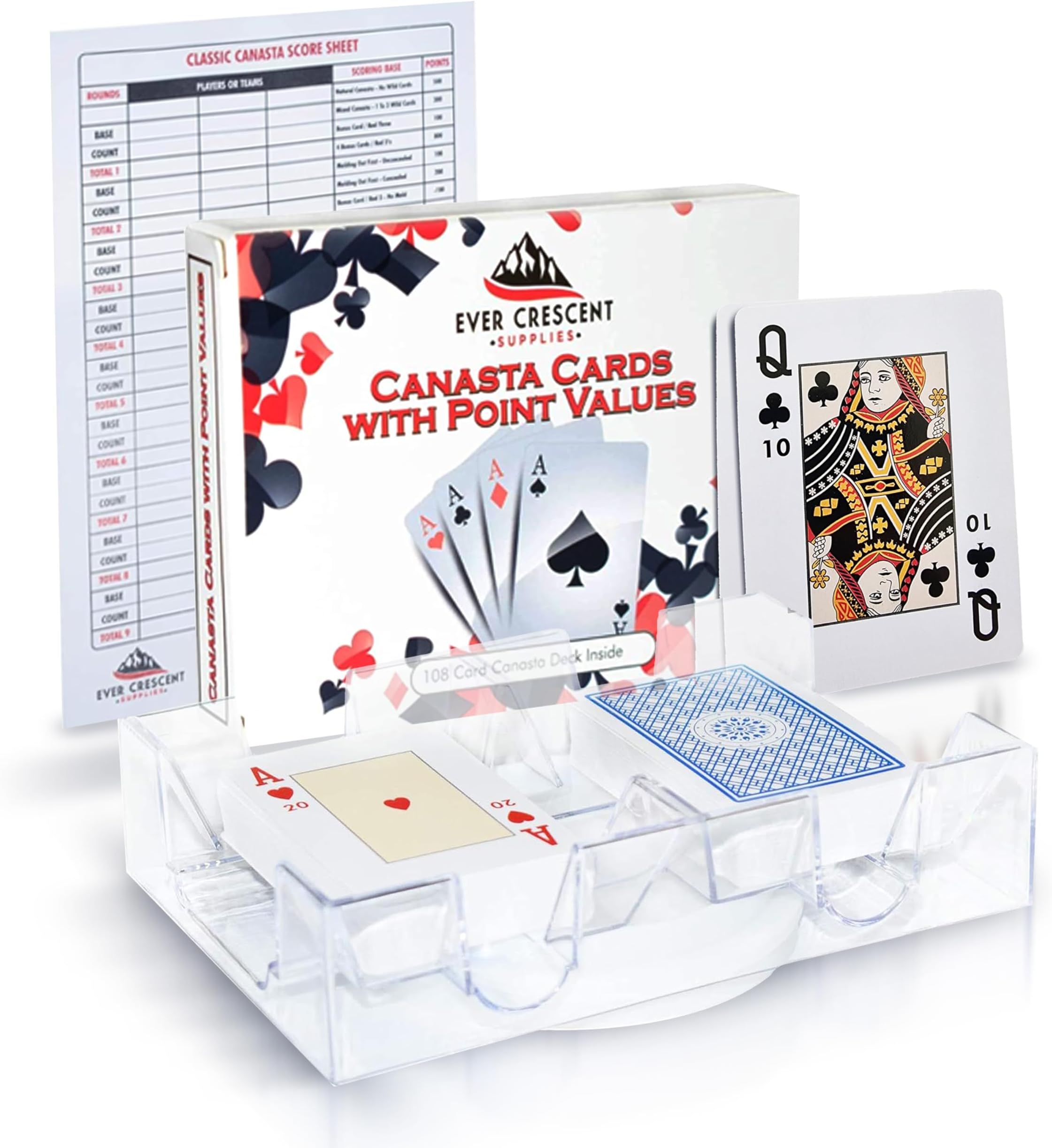 Canasta Cards with Point Values, Tray and Score Pads Set. Includes 2 Deck of Cards, Revolving Holder, and 50 Scoring Sheets.