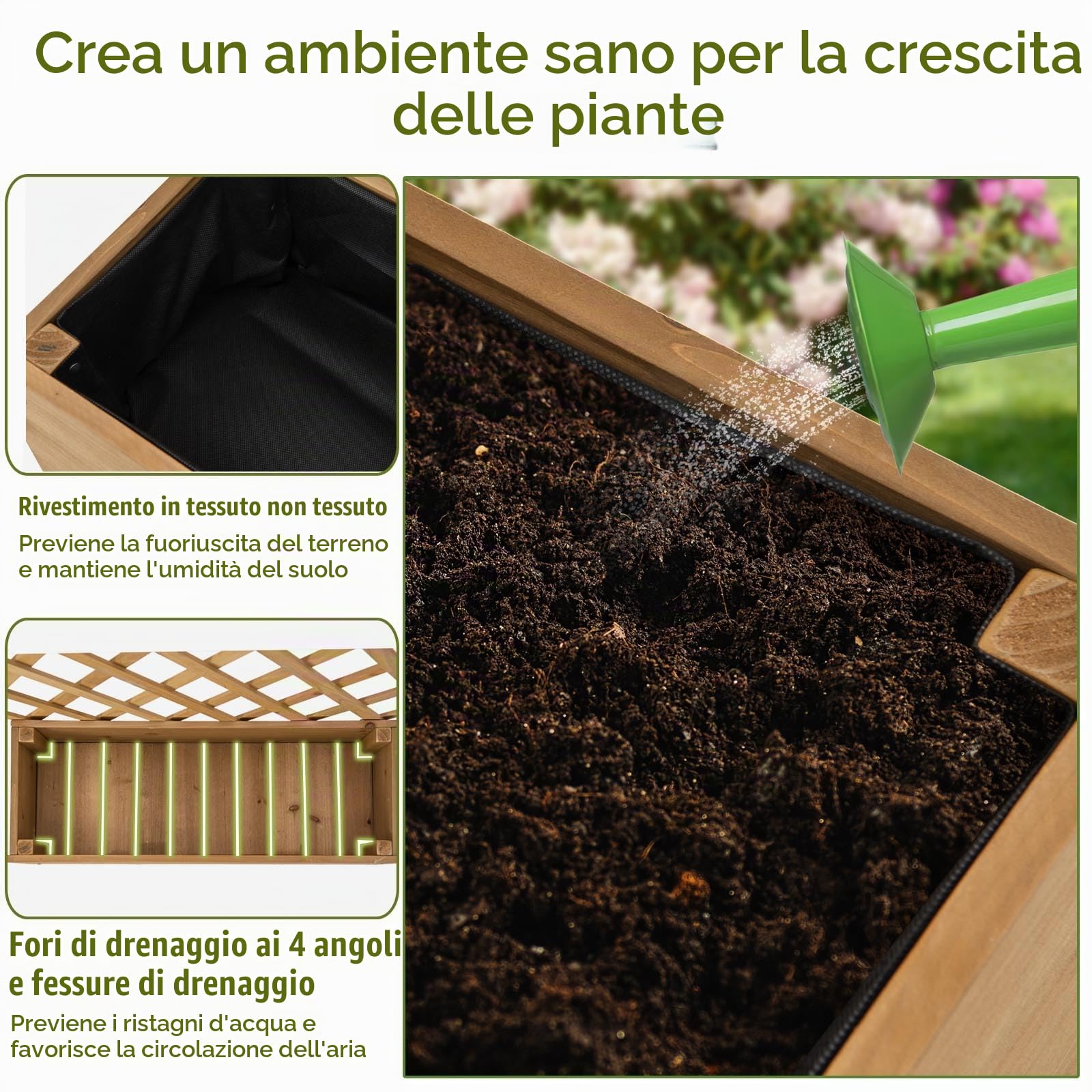 HOMASIS Orto Rialzato da Esterno con Ripiano, Fioriera Rialzata con Grigliato in Legno Massello, Fioriera con Spalliera con Ruote per Balcone, Giardino, Cortile, 90 x 29 x 129 cm, Naturale