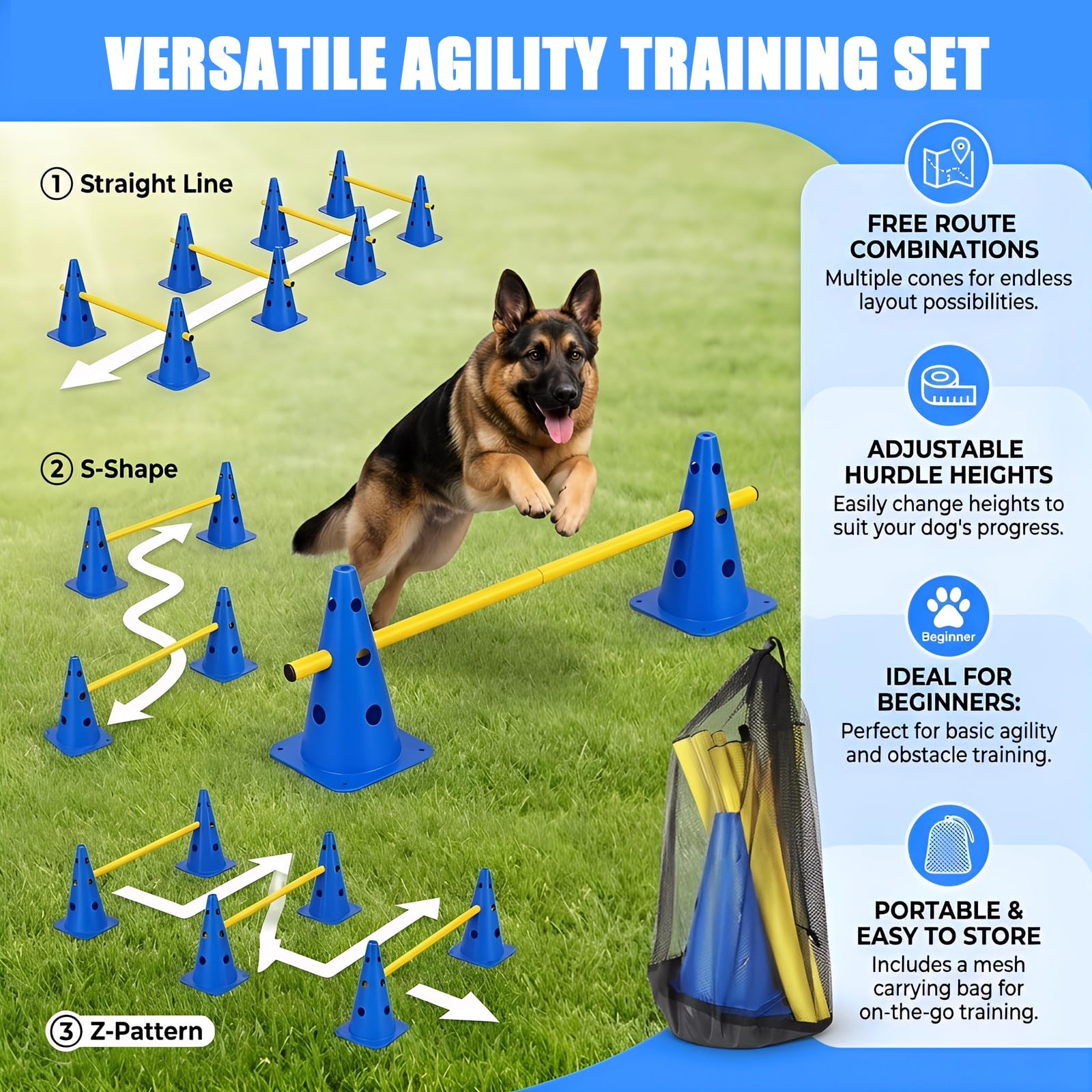 Kit Ostacoli Agility Impilabili, 10 Coni + 5 Barre (80cm) - Ostacoli Regolabili per Addestramento di Coordinazione per Bambini, Cani e Cavalli, Salti per Percorsi Cinofili ed Equitazione