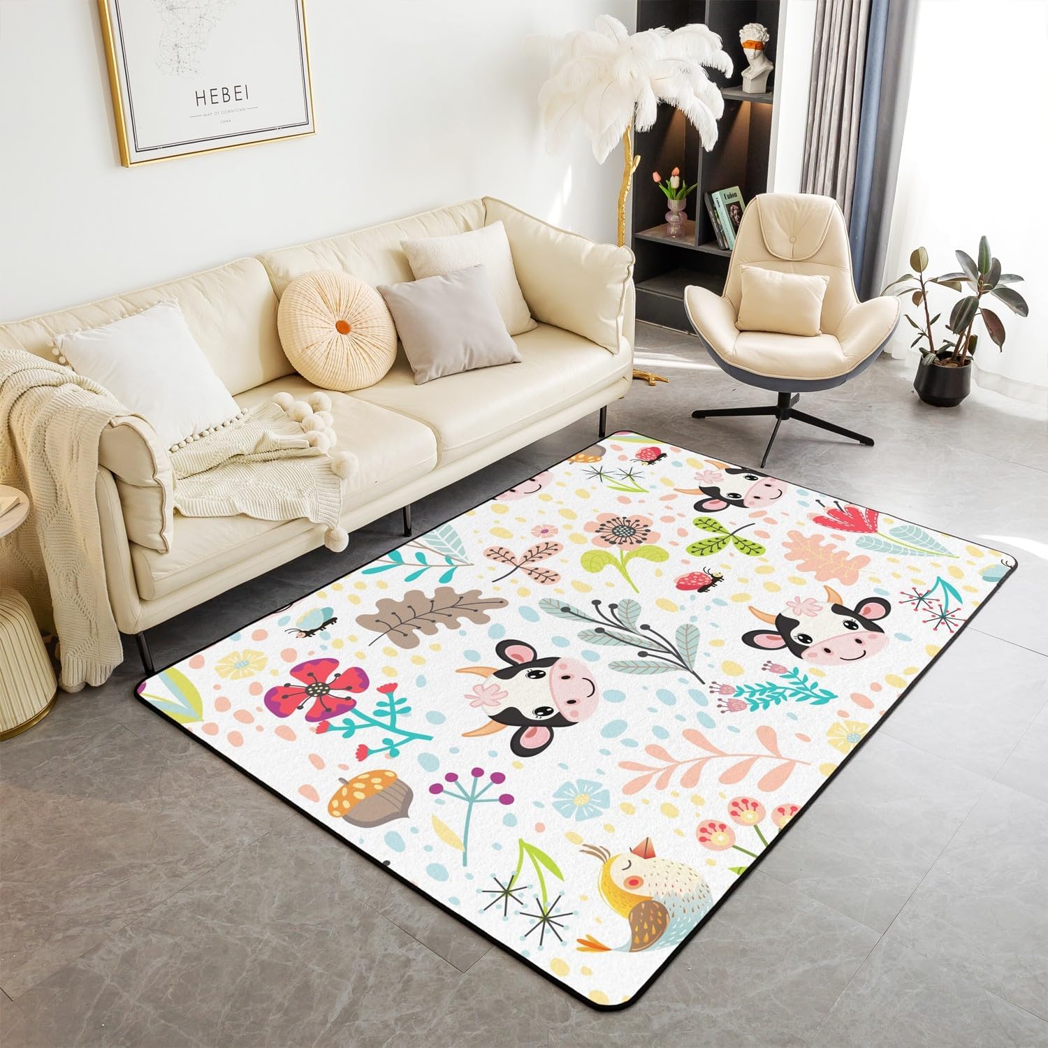 Erosebridal Cartoon Cow Area Rug 3x5, Cute Wildlife Flowers Non Slip Rectangular Carpet for Kids, Kawaii Florals Printed Indoor Floor Mat for Bedroom Living Room, Black Pink Animals Decorative Rug