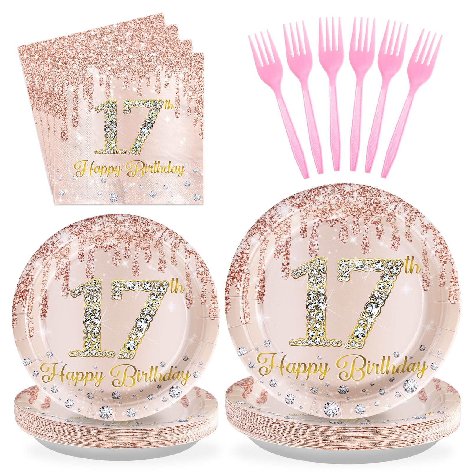 Greencian 96 Rose Gold Glittery 17th Birthday Party Supplies Serves 24