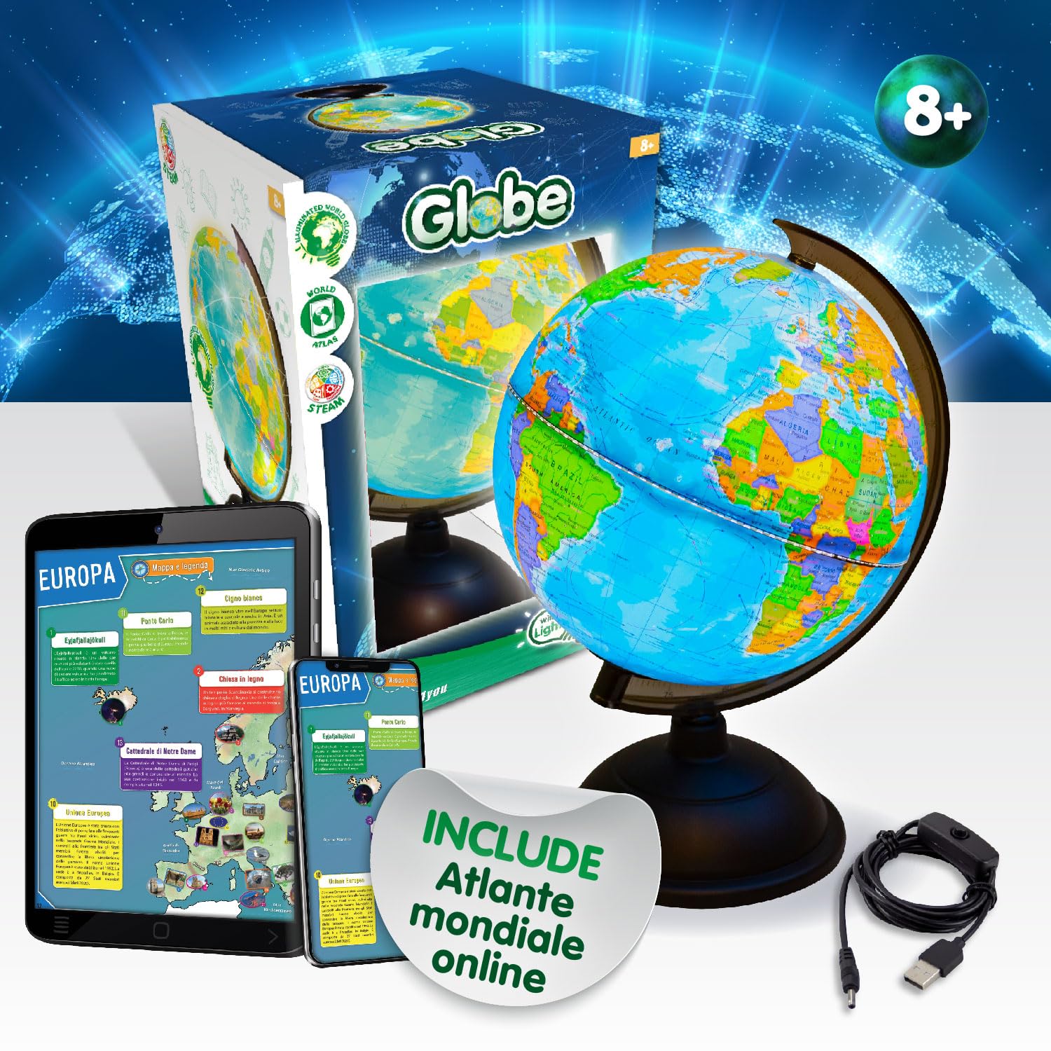 Science4You Mappamondo Luminoso per Bambini +8 Anni - Mappamondo e Atlante Geografico per Bambini - Scienza, Giochi Geografia con Quiz, Giochi Educativi per Ragazzo & Ragazza 7 8 9 10 Anni
