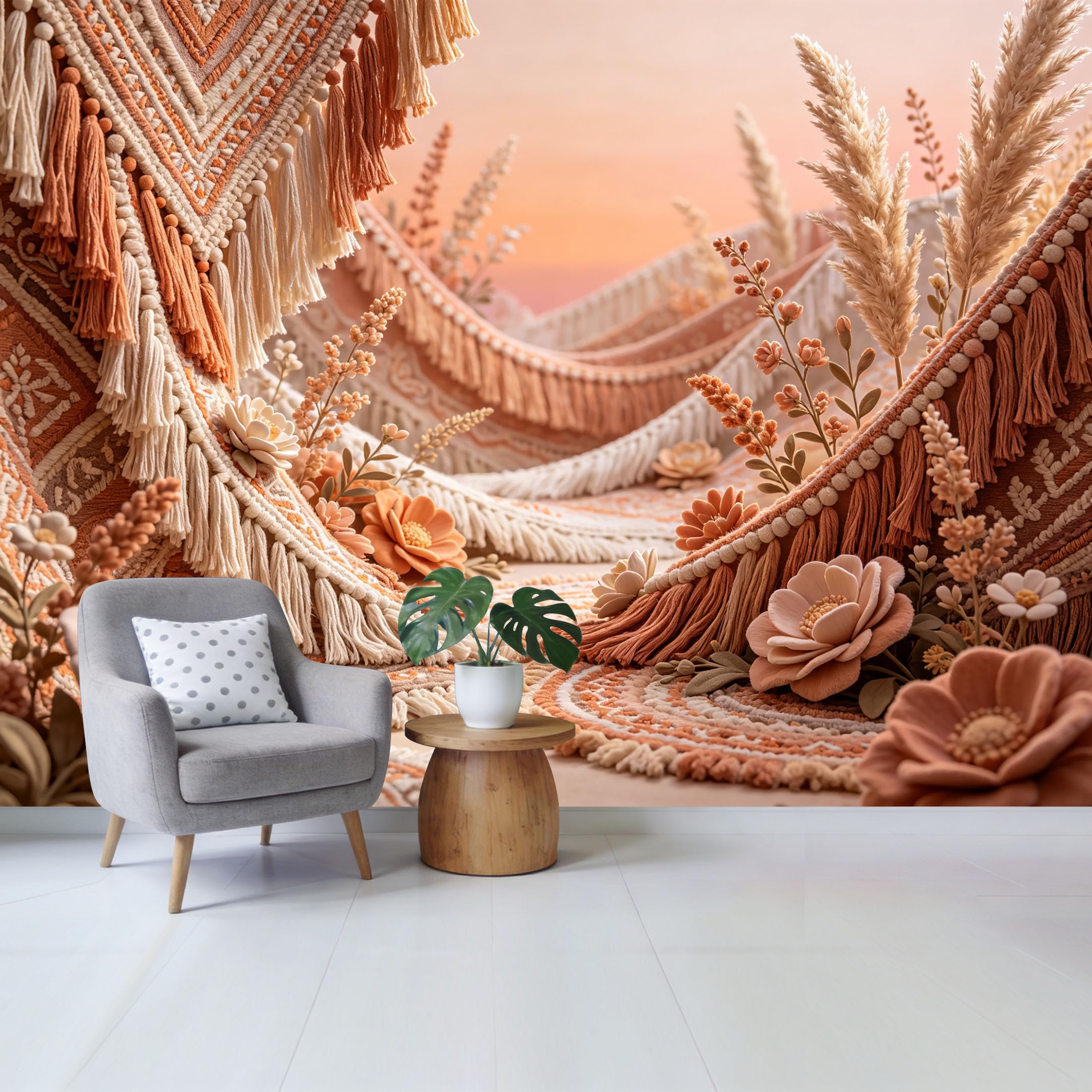 Qzlithotic Yq2605250657 Custom Size Wall Mural Bohemian Macrame Tassels Dried Flowers Neutral Tones Farmhouse Textured Selfadhesive Wall Fabric Removable Wallpaper For Home Office Decor