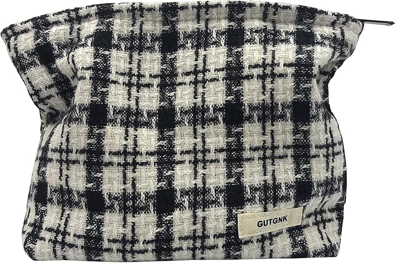 Necessaire de maquiagem GUTGNK em canvas cotelê, estampa xadrez preta, 20,07 x 20,32 x 0,76 cm