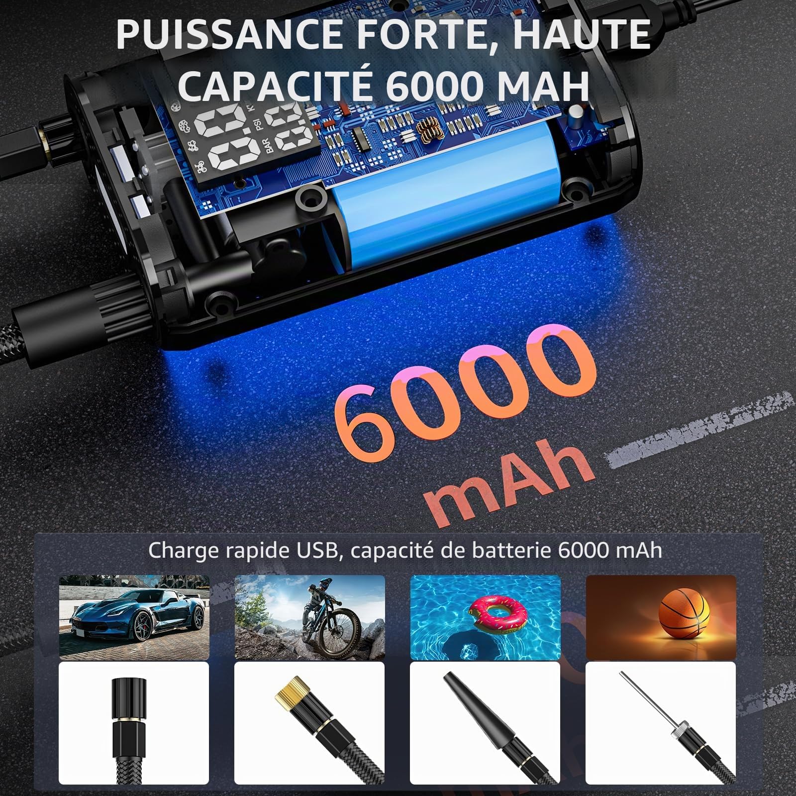 6000mAh Mini Pompe à Air Électrique，Compresseur à Air Portatif Gonfleur Pneus sans Fil 150PSI avec écran LCD Numérique，Pompe à air Rechargeable pour Voiture, Vélo, Moto, Scoote, Balle