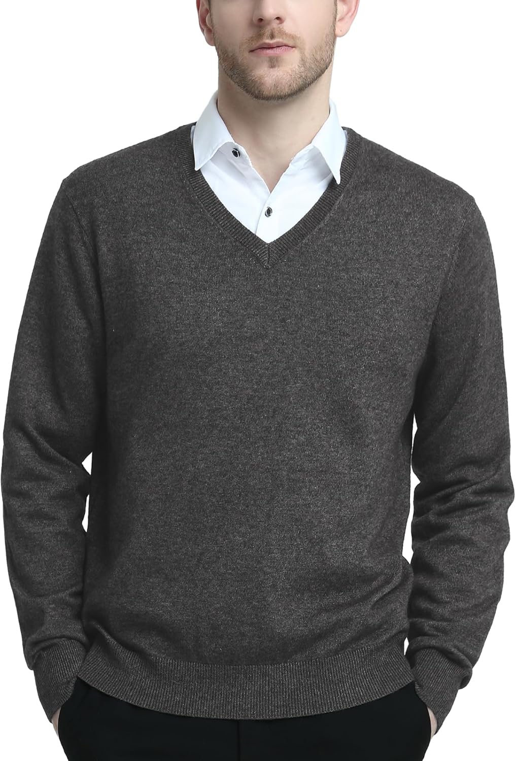 Kallspin Men's Wool Blend V-Neck Sweater Relax Fit Knit Pullover for Fall Winter