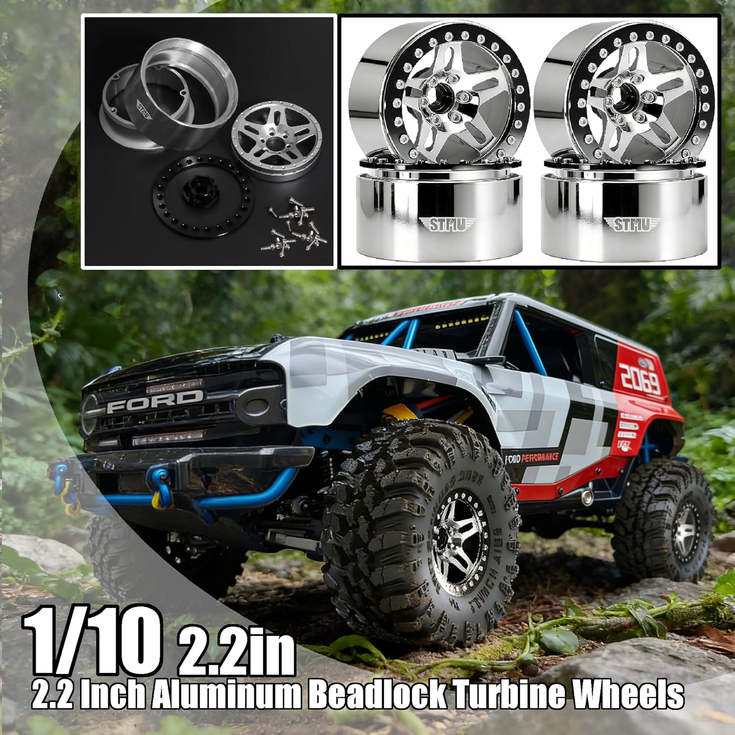 STMU 2.2 Inch Aluminum Beadlock Turbine Wheels - Perfect Fit for SCX10 TRX4 VS4-10 Gen8 1/10 RC Crawler Vehicles (Silver)