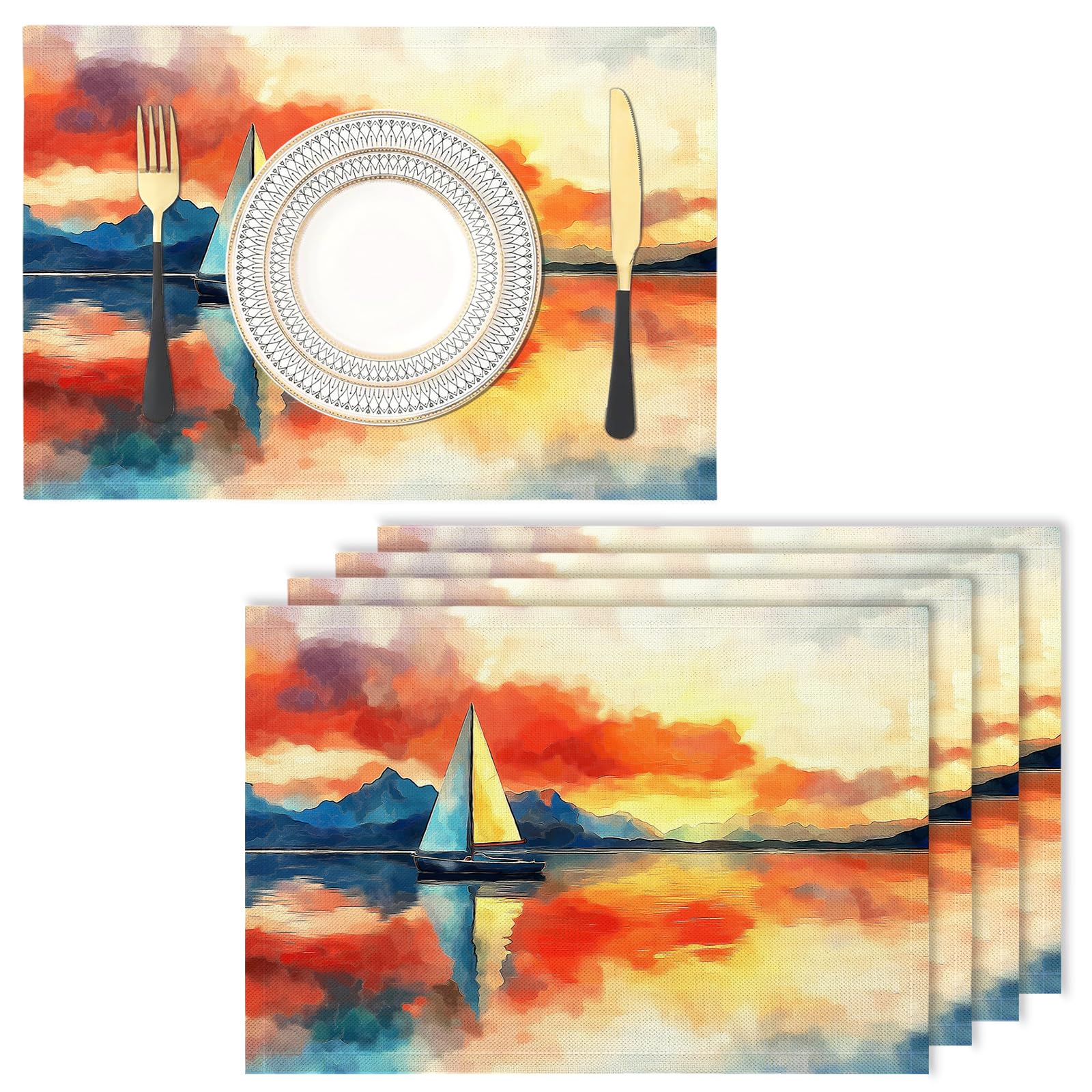 Cotton Linen Placemats - watercolor - Pack of 6 sailboat Heat Resistant Washable Dinner Mats Kitchen Dining Place Dinner Table Setting