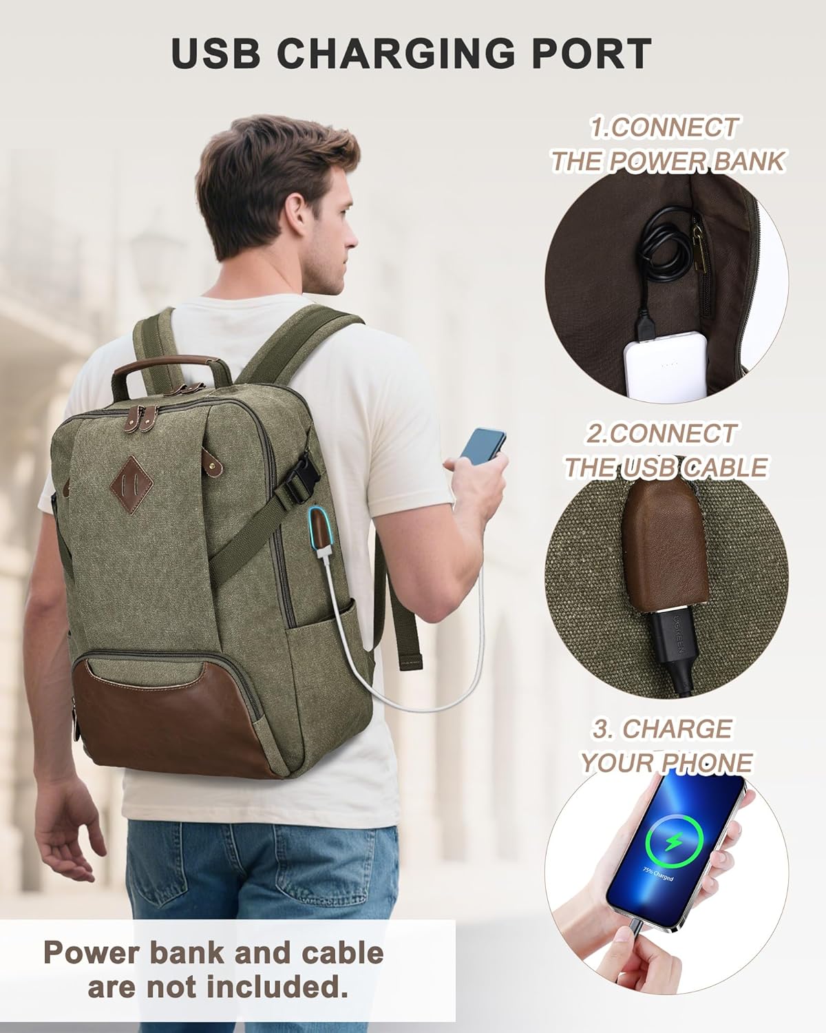 Kasqo Laptop Backpack 15.6 Inch Canvas Waterproof Anti Theft Business Travel College Computer Bag 18.8L Carry on Bag with USB Charging Port for Women Men, Army Green