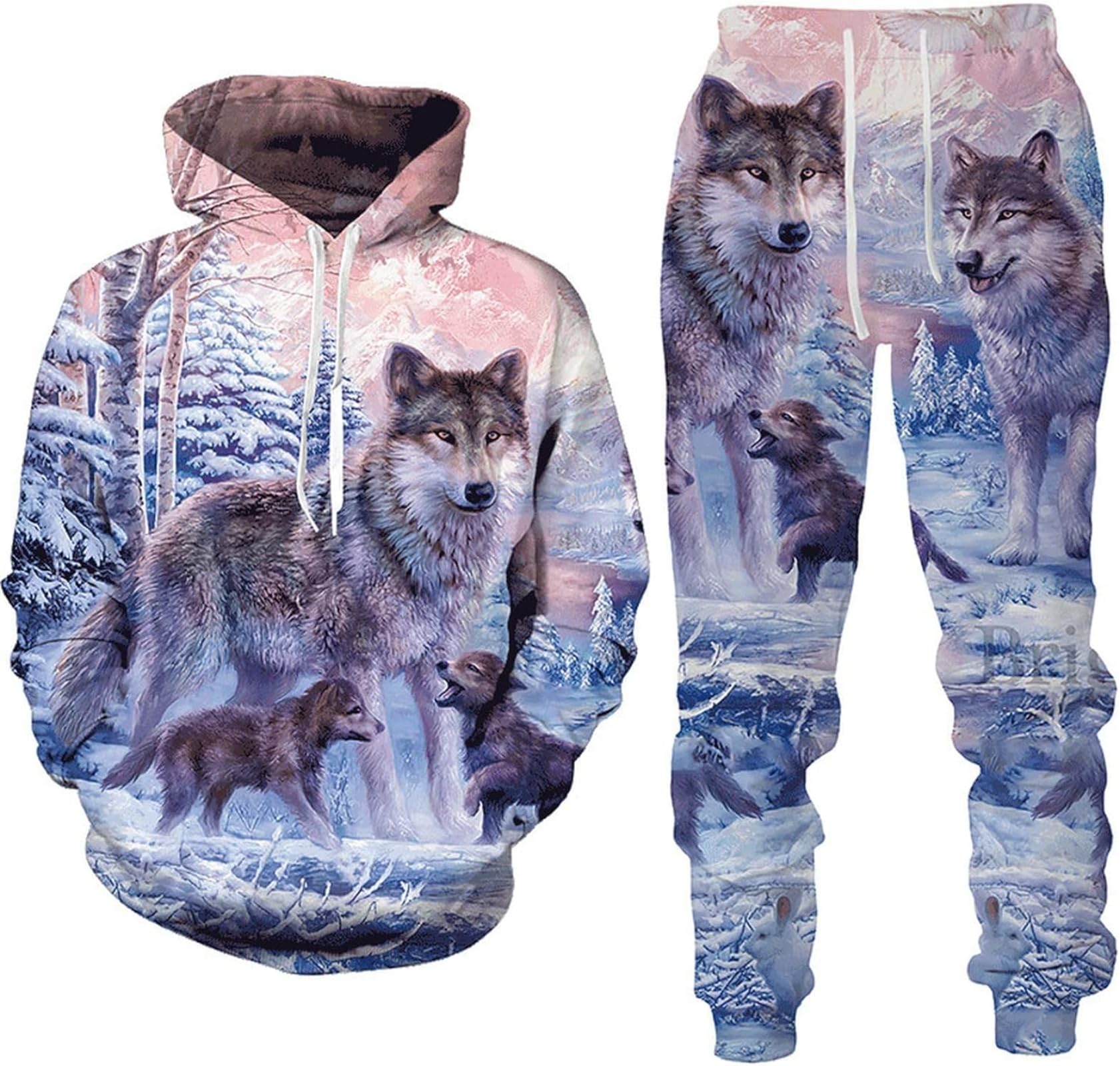 Wolf Herren Hoodie und Hose Manner 3D-Druck lose Pullover+Jogginghose Trainingsanzug Hausanzug Joggingsuit