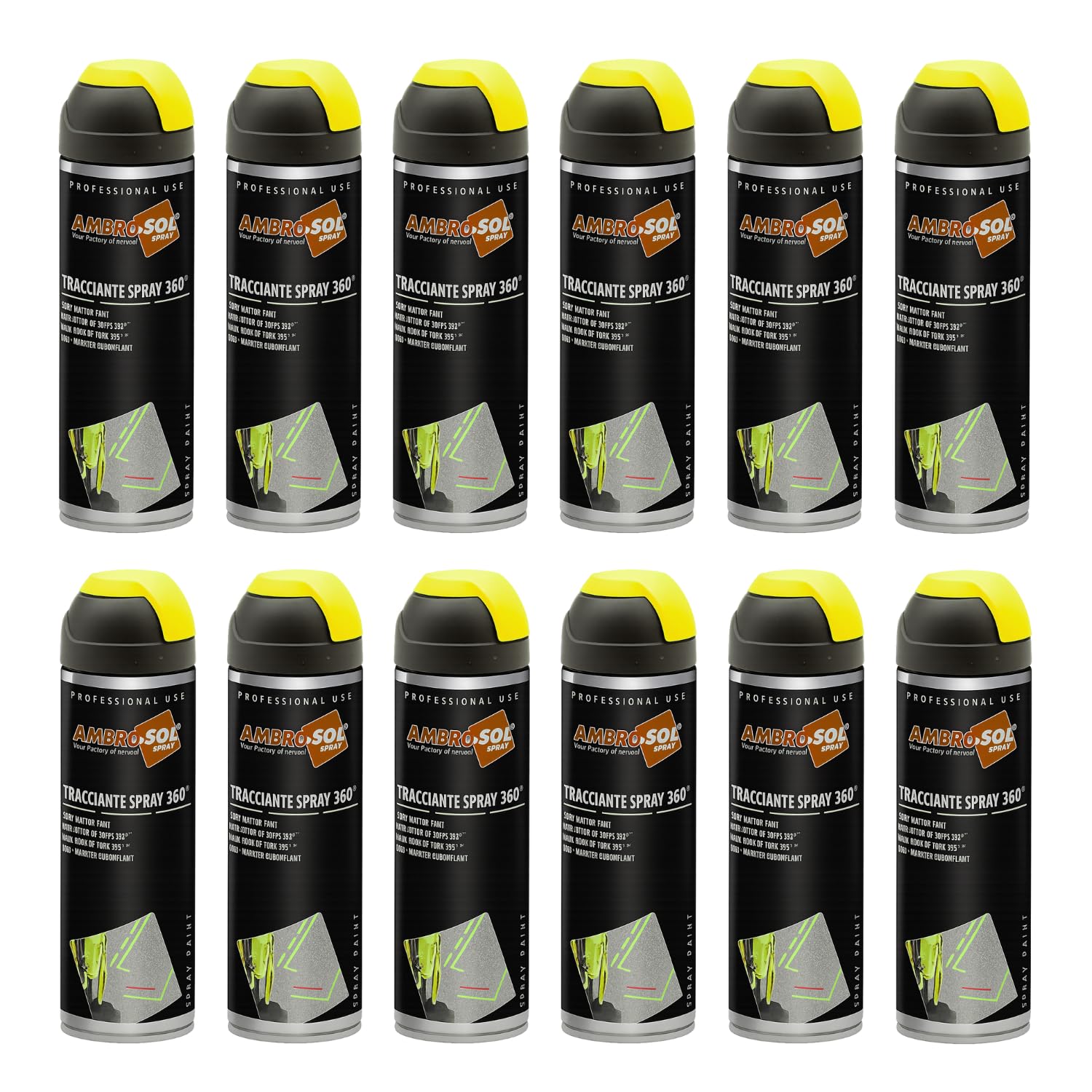 VIRSUS 12 Bombolette Vernice spray Tracciante Maker da 500ml con valvola a 360° per Uso Professionale e Domestico, per Asfalti, Muri e Legno, Essiccazione Rapida (giallo fluorescente)