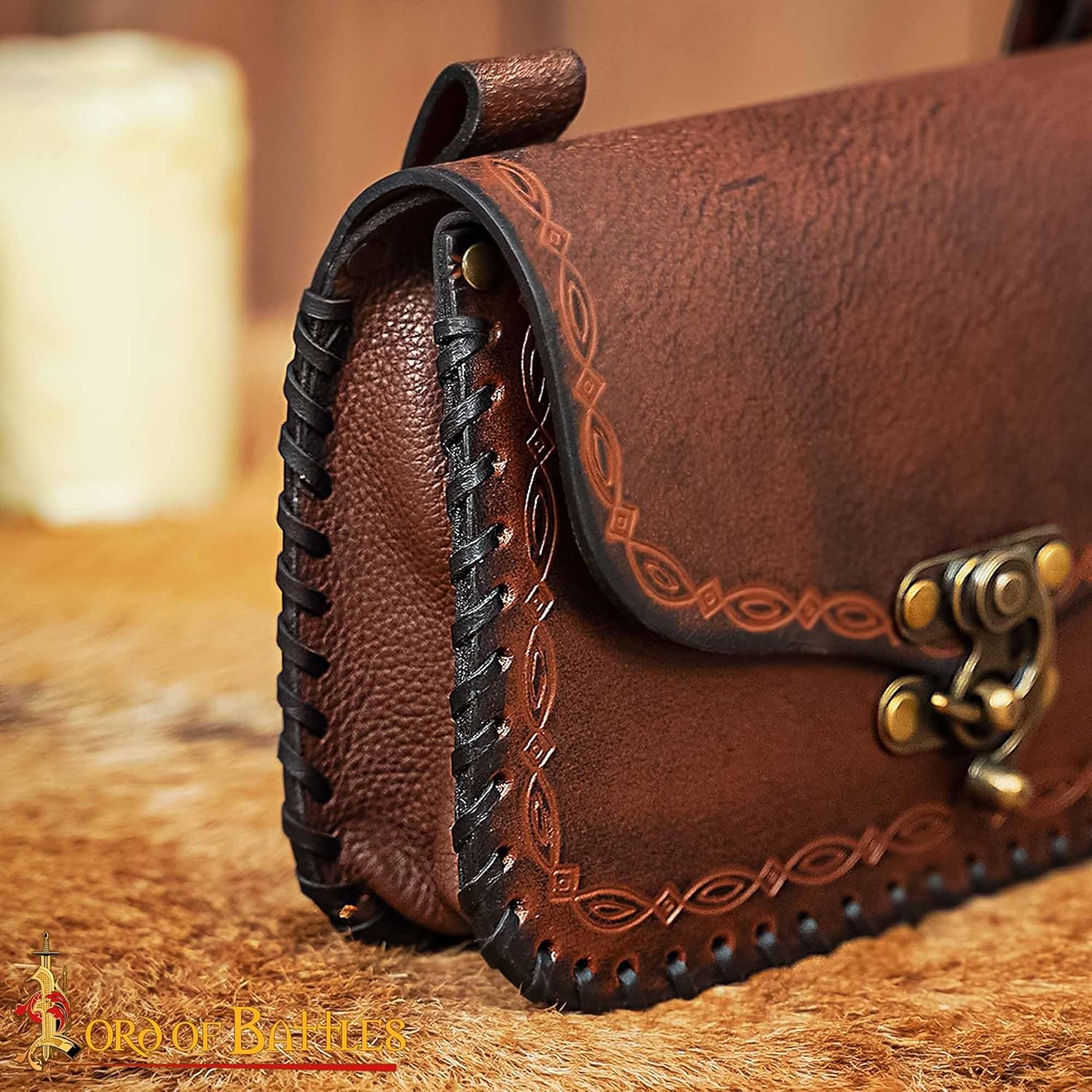 Lord of Battles Genuine Leather Messenger Belt Bag - Medieval Style Waist Bag for Cellphone, Renaissance Faire Costume Accessories (Brown)