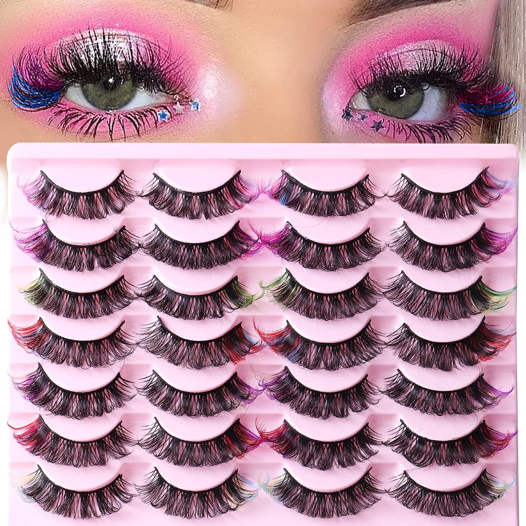 ABELYN Natural False Lashes with Color Soft and Wispy Thick Curly 3D Faux Mink Colored Eyelashes Extension Full Strip Lashes