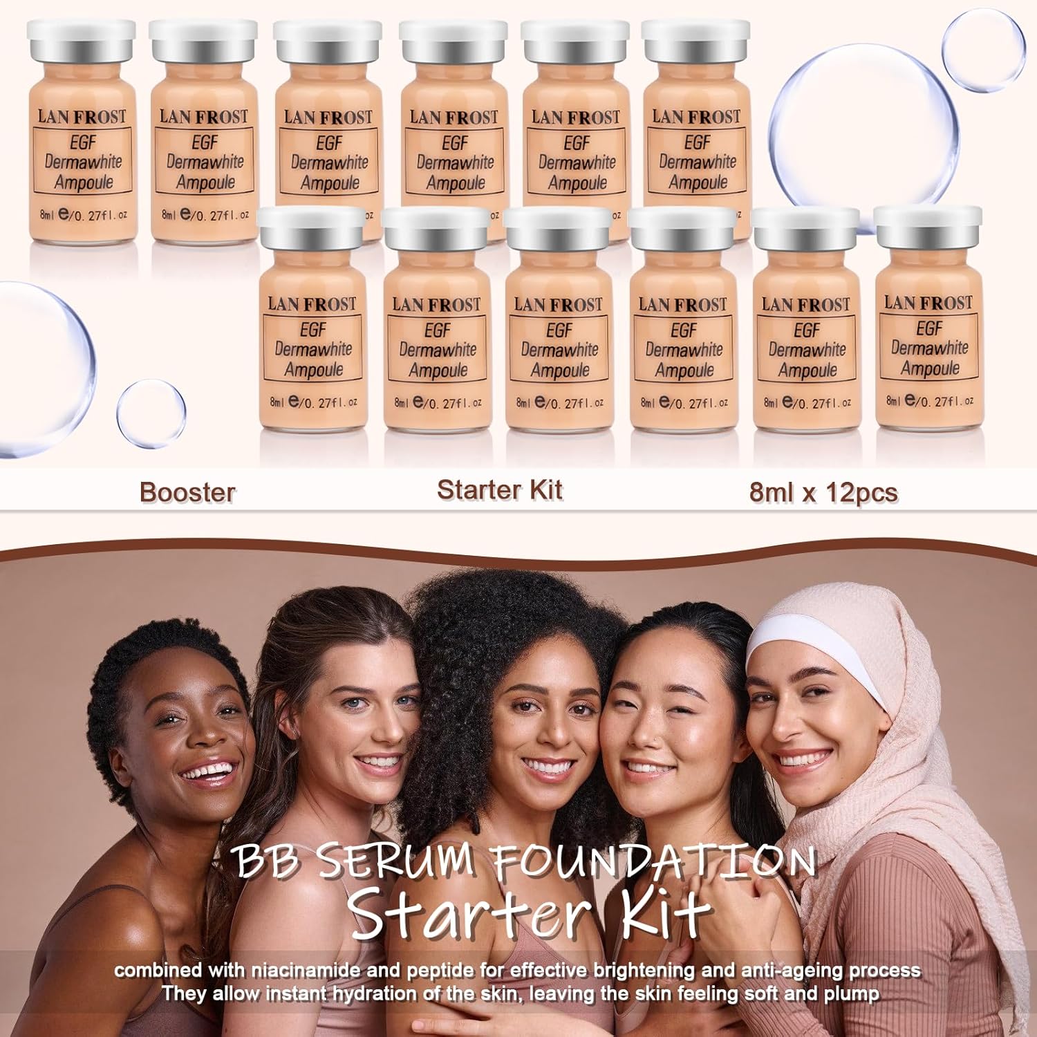 BB Facial Glow Foundation Serum Starter Kit Combined With Niacinamide and Peptides to Even Skin Tone Anti-Aging Pigment Set, Medium Color Changing Foundation 12 Vials - Image 2