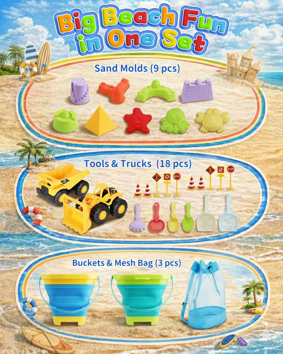Beach Toys - 30PCS Sand Toys Set with 2 Collapsible Buckets, Mesh Backpack, Excavator, Bulldozer, Sea Animal Molds, Shovels & Sieves - Beach Sandbox Water & Snow Play Gift for Kids Ages 3-10
