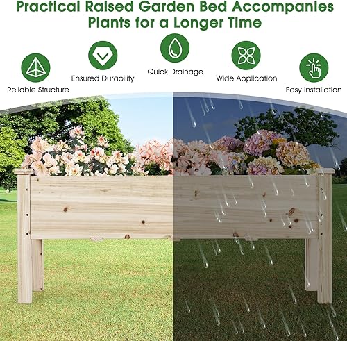 Miniatura 8 de HAPPYGRILL Jardinera elevada de madera con 5 agujeros de drenaje, contenedor de planta de cultivo de pie para patio, cubierta de invernadero