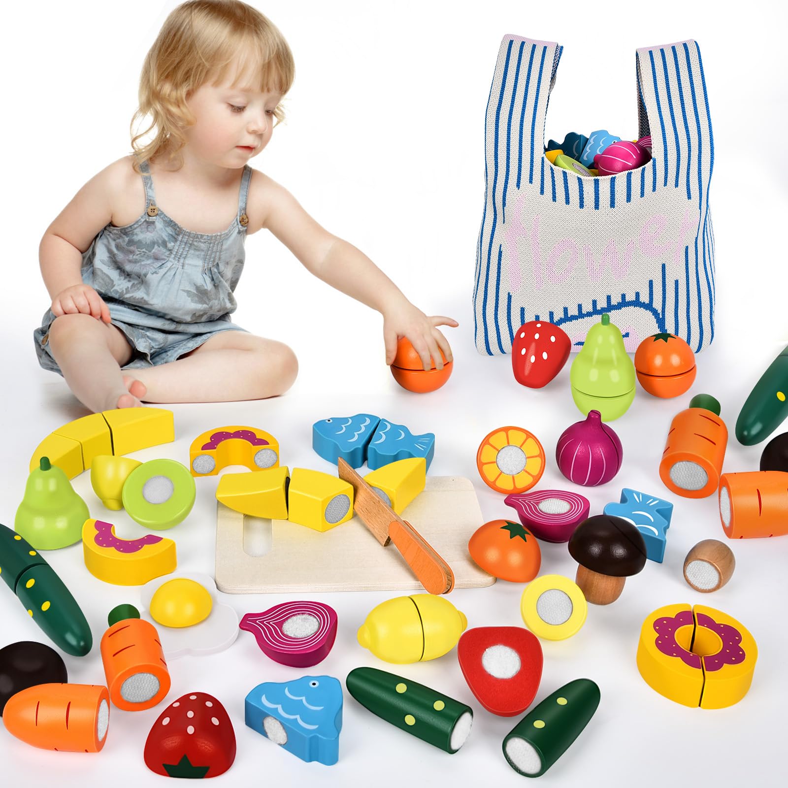Jeu De Découpe Fruits Et Légumes En Bois BuzzoXerex - Cuisine Enfant Avec Planche Et Couteau, 15 Pièces