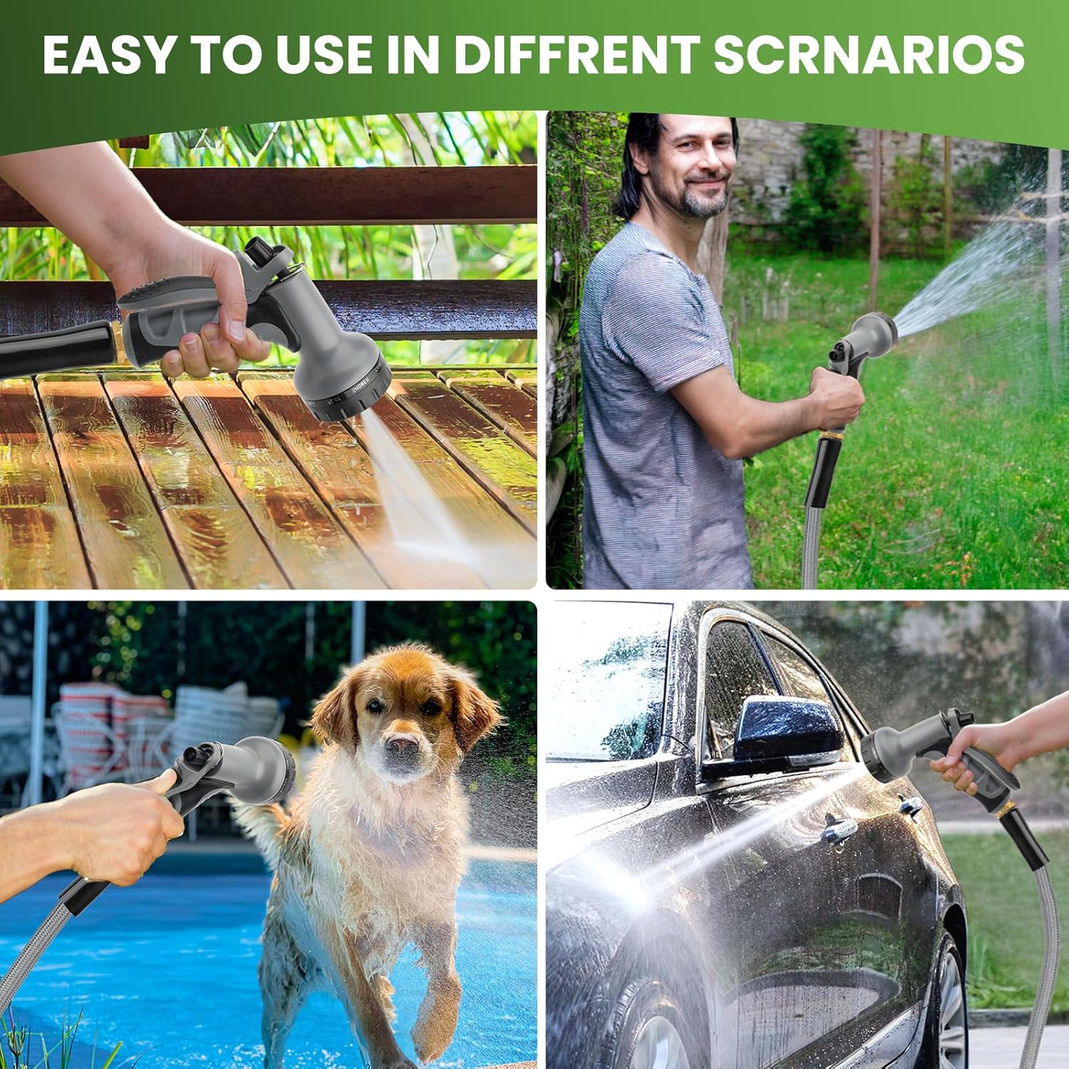 KLABB 36FT Garden Hose 5/8" with Solid Brass Connectors & 10-Function Nozzle, Lightweight Flexible PET Steel Hose with Adjustable Straps, No-Kink, Rustproof & Leak-Free for Garden & Outdoor Cleaning